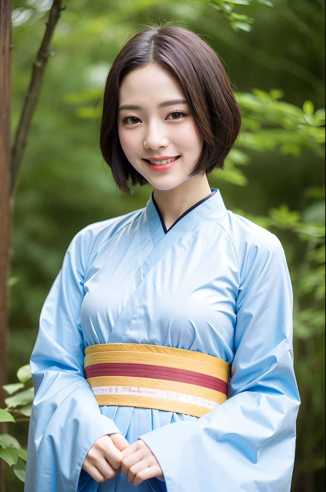 (masterpiece),best quality,good anatomy, shuimobysim,(1 girl:1), (upper body),(smile),short hair,(hanfu),(ecchi0.5), (trees:0.5), (flowers:0.6) ,(wooden house:0.2),(bamboo forest:0.2),(creek:0.2),(river:0.2),