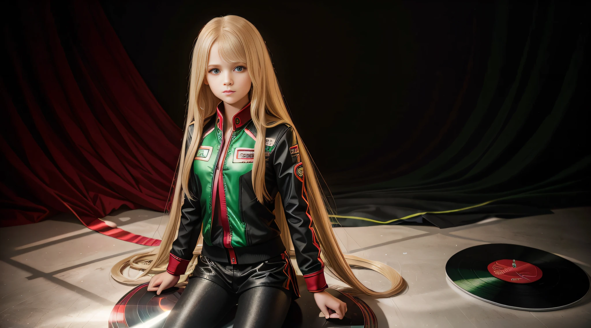 girl, long blonde straight hair, with black RED jacket and black outfit, in the photographic studio, with white infinite background, GREEN BACKLIGHT with many cds and vinyls on the floor, ABOUT THE MODEL SOFT GREEN LIGHT.