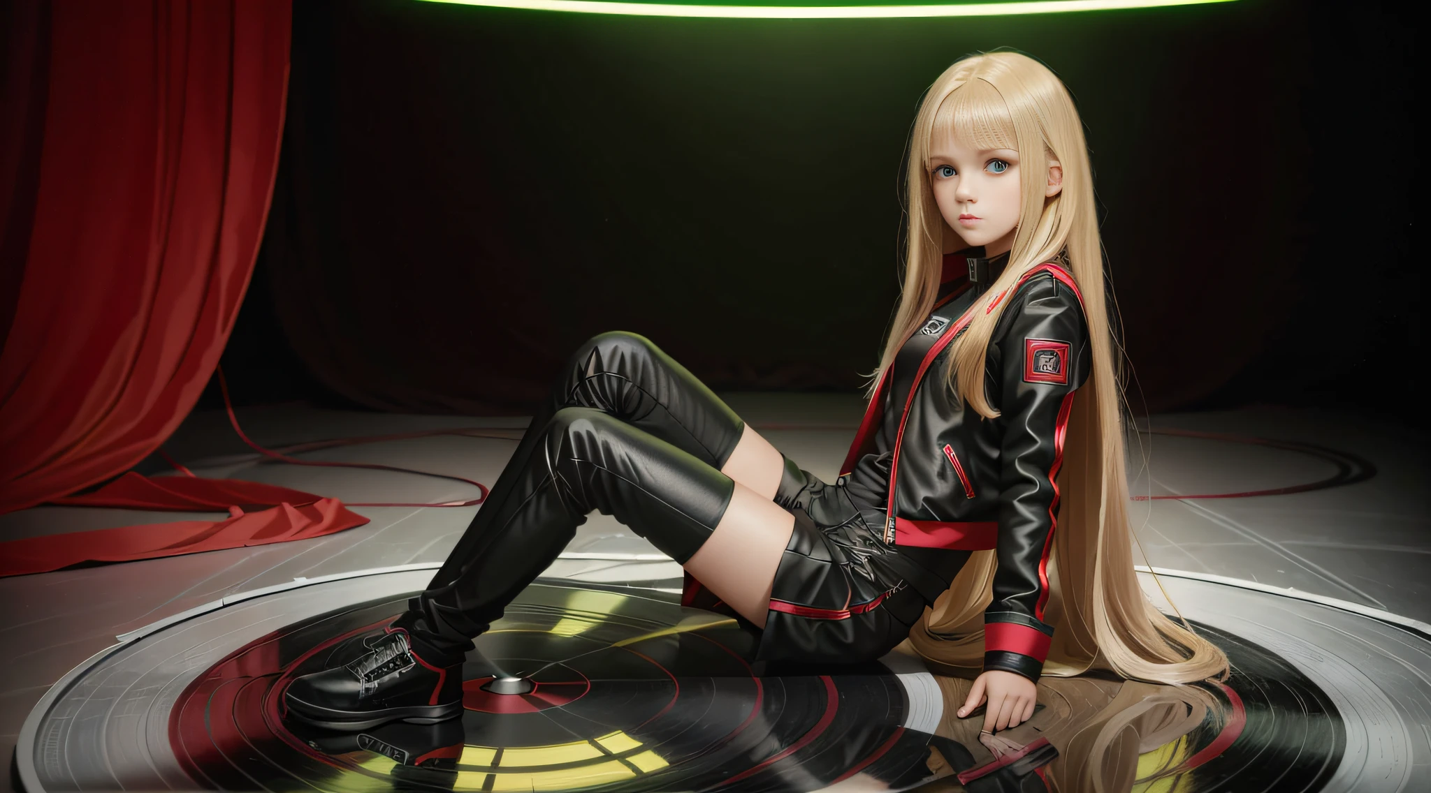 12 year old girl, long blonde straight hair, with black RED jacket and black outfit, in the photographic studio, with white infinite background, GREEN BACKLIGHT with many cds and vinyls on the floor, ABOUT THE MODEL SOFT GREEN LIGHT.