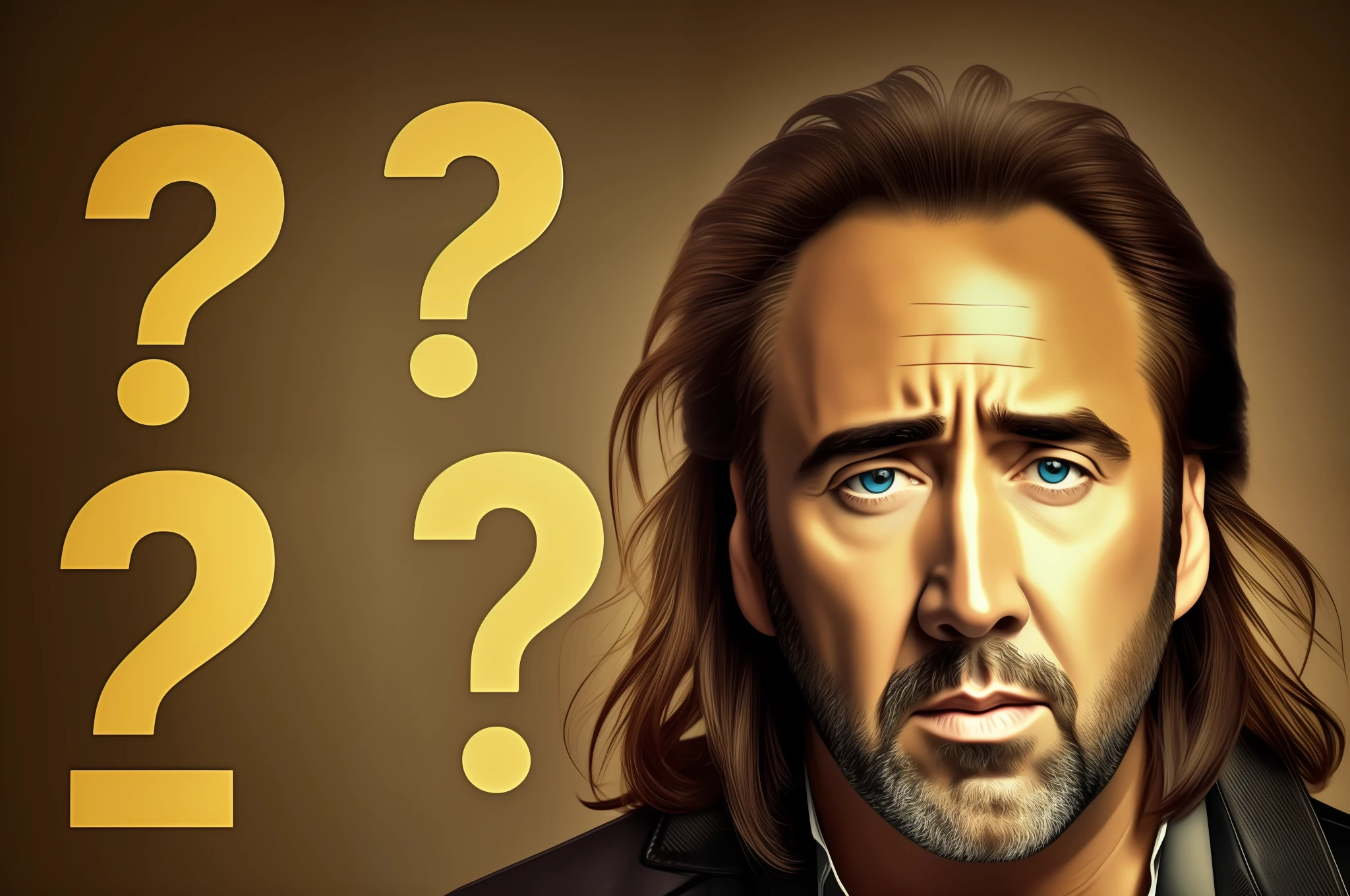Nicolas Cage with question marks above his head, lots of question marks, confused expression, confused facial expression, looking confused, confused, doubt, hovering indecision, confusion, 8K what, but what do you mean, you want to know, the ultimate question of life, help me, confused, realistic, real weight, just one person