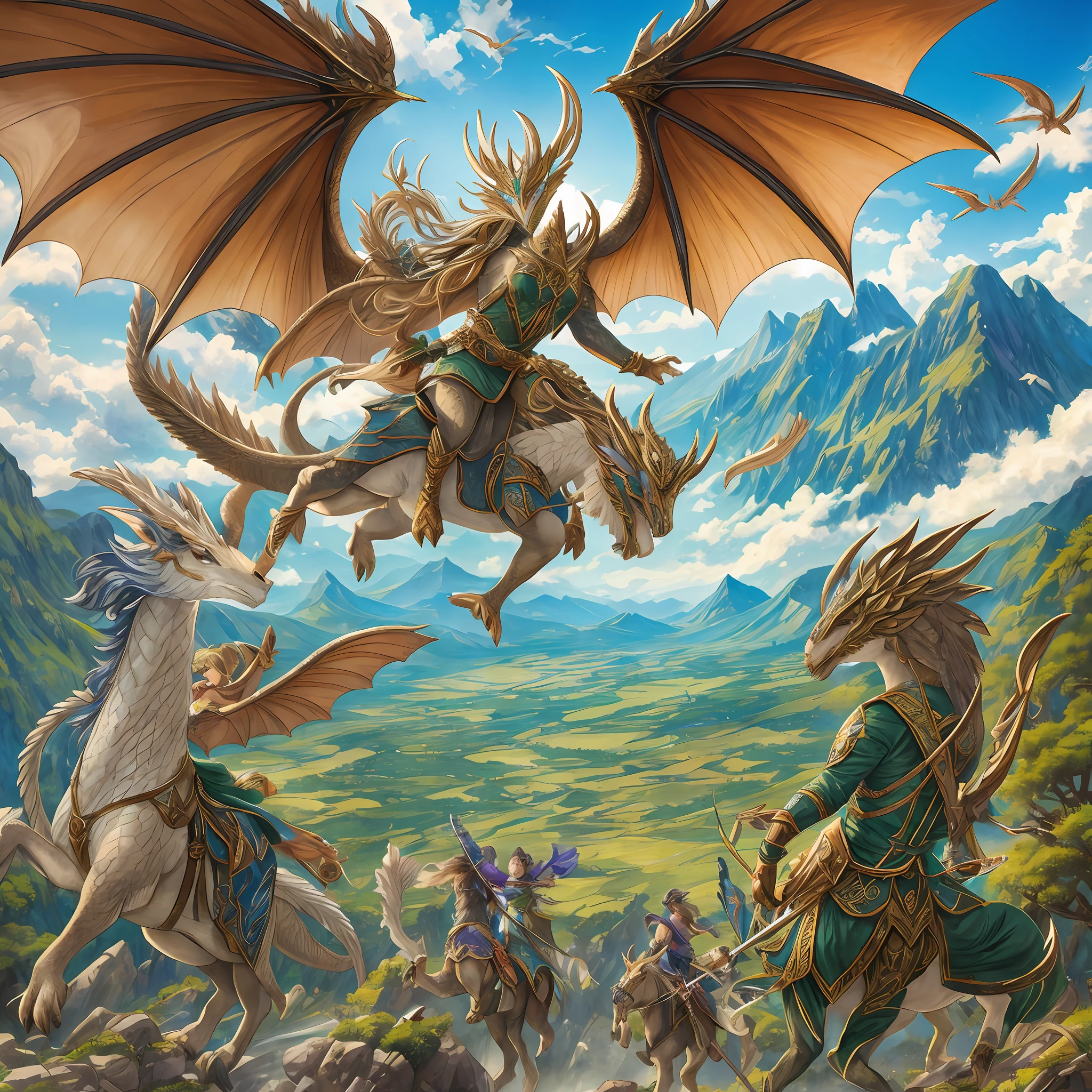 On the vast plains surrounded by majestic mountains, a magnificent spectacle unfolds. Towering dragons soar over the skies, their scaly bodies and powerful wings cutting through the air in a gracile and powerful flight.

The scene is enriched by the presence of the elven archers, masters of precision and harmony with nature. Riding on their loyal steeds, they unite in a choreographed dance of dexterity and courage. With their elven bows in hand, they establish a unique connection with the dragons.

These skilled archers are endowed with a special connection to the dragons' souls, allowing them to tame these legendary creatures. With grace and determination, they ride on the backs of the winged beasts, rising toward the heavenly heights.

While flying in harmony, the dragons and elven archers protect the immense plain and its inhabitants. Together, they form a powerful alliance, uniting the strength of the dragons with the dexterity of the archers, to preserve the peace and harmony of the region.

The plain is a setting of serene beauty, with verdant lawns stretching as far as the eye can see. Wildflowers bloom in vibrant colors, creating a colorful mosaic that stretches across the horizon.

The mountains surrounding the plain are majestic, rising like giant sentinels that protect the harmony of the region. Its steep and rocky slopes offer a spectacular landscape, punctuated by crystalline waterfalls that cascade down.

It is in this setting of beauty and grandeur that dragons and elven archers dance through the skies, protecting the immense plain with their strength and courage. They embody the alliance between ancestral wisdom and mortal dexterity, honoring ancient traditions as they move toward a future of peace and harmony. --auto --s2