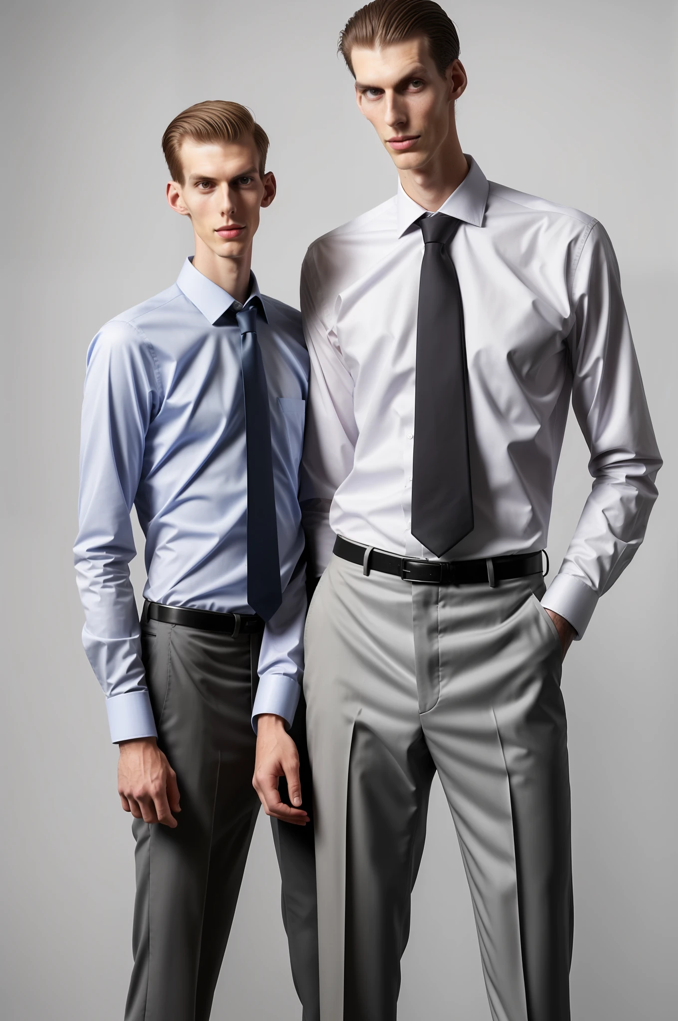 there is a man standing next to a boy in a dress shirt and tie, a portrait by Marshall Arisman, unsplash, hyperrealism, tall man, very tall, tall and slim figured, tall and small, tall and slim, very very very tall, slim and tall, very very very very tall, tall and lanky skinny, very tall and slender