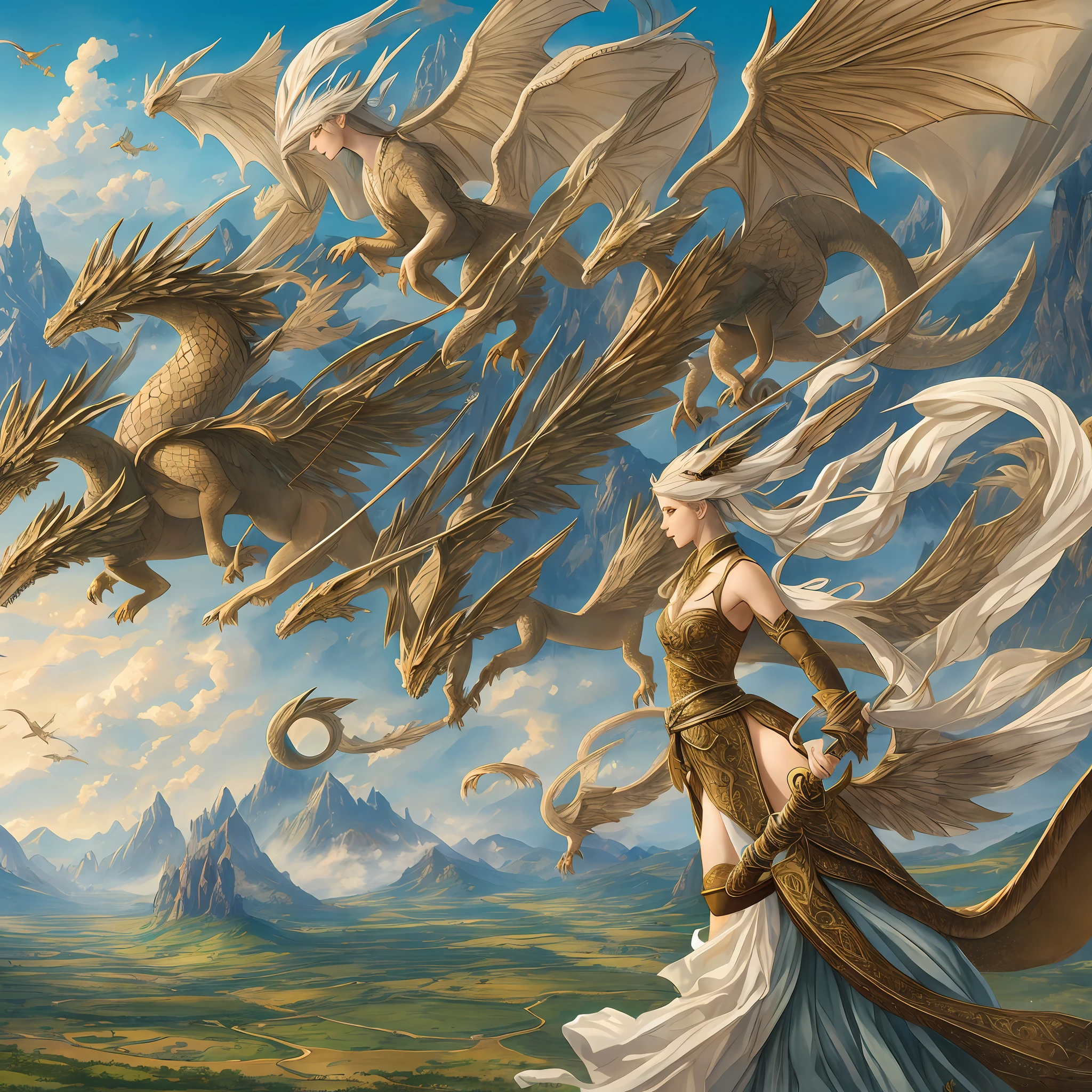 On the vast plains surrounded by majestic mountains, a magnificent spectacle unfolds. Towering dragons soar over the skies, their scaly bodies and powerful wings cutting through the air in a gracile and powerful flight.
The scene is enriched by the presence of the elven archers, masters of precision and harmony with nature. Riding on their loyal steeds, they unite in a choreographed dance of dexterity and courage. With their elven bows in hand, they establish a unique connection with the dragons.
These skilled archers are endowed with a special connection to the dragons' souls, allowing them to tame these legendary creatures. With grace and determination, they ride on the backs of the winged beasts, rising toward the heavenly heights.
While flying in harmony, the dragons and elven archers protect the immense plain and its inhabitants. Together, they form a powerful alliance, uniting the strength of the dragons with the dexterity of the archers, to preserve the peace and harmony of the region.
The plain is a setting of serene beauty, with verdant lawns stretching as far as the eye can see. Wildflowers bloom in vibrant colors, creating a colorful mosaic that stretches across the horizon.
The mountains surrounding the plain are majestic, rising like giant sentinels that protect the harmony of the region. Its steep and rocky slopes offer a spectacular landscape, punctuated by crystalline waterfalls that cascade down.
It is in this setting of beauty and grandeur that dragons and elven archers dance through the skies, protecting the immense plain with their strength and courage. They embody the alliance between ancestral wisdom and mortal dexterity, honoring ancient traditions as they move toward a future of peace and harmony. --auto --s2