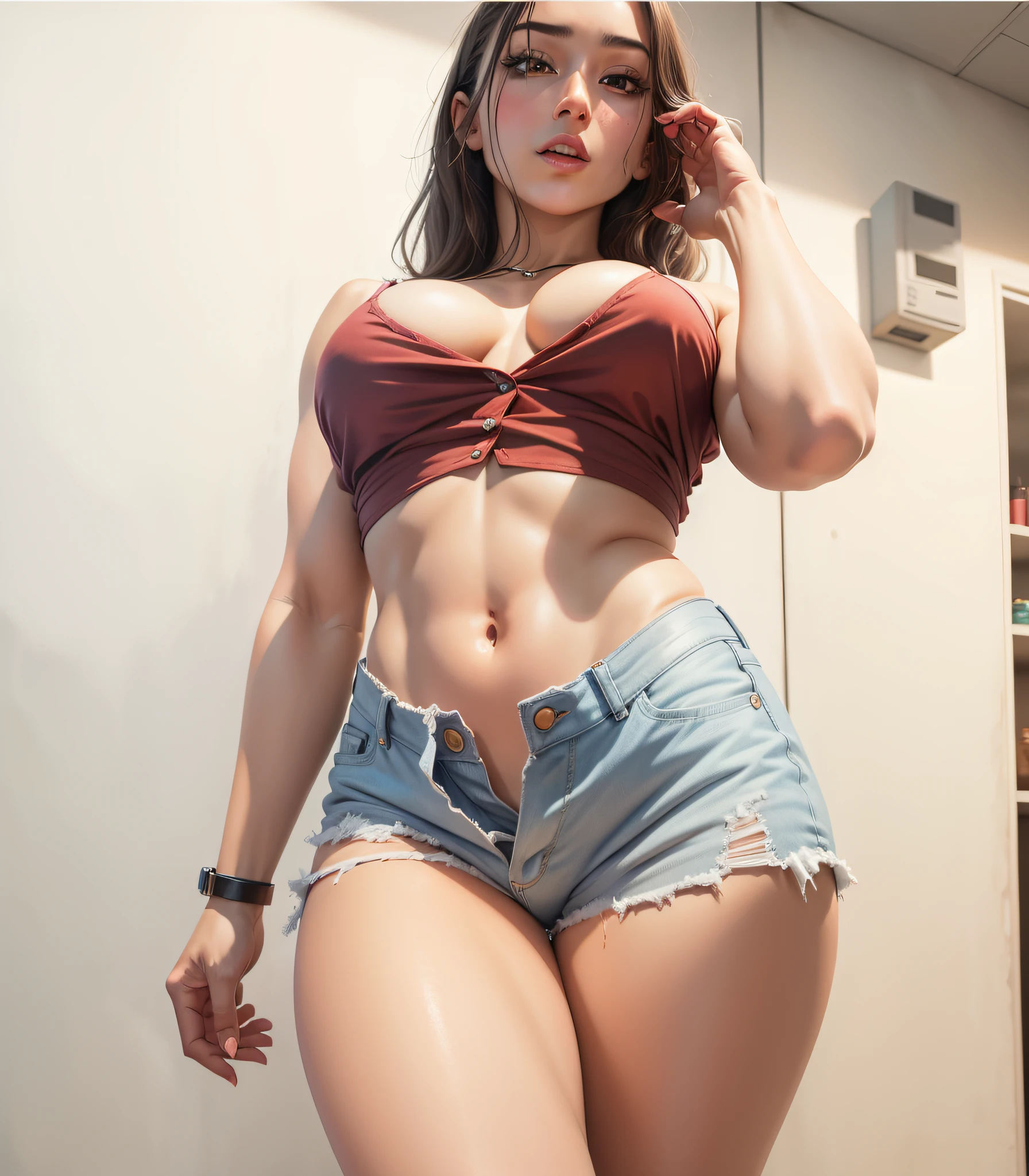 realistic -- oil painting -- sample -- hard chest -- more open blouse -- longer hair -- shorter shorts --auto --s2