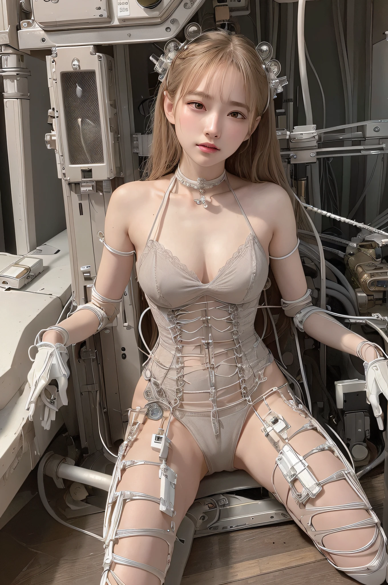 (((Masterpiece)))), (((highest quality)))), ((Ultra Detail)), (Very detailed CG illustrations), ((Very delicate and beautiful)), (Delicate and pretty face), Cinematic Light, (((1 Mechanical Girl)), Solo, Full Body, (Mechanical joints: 1.4), ((Mechanical limbs)), (Blood vessels connected to tubes), (Mechanical vertebrae attached to the back)), ((Mechanical cervical vertebrae) attached to the neck)), (((sitting)), expressionless, (wires and cables attached to the head and body: 1.5), (character focus), sci-fi,