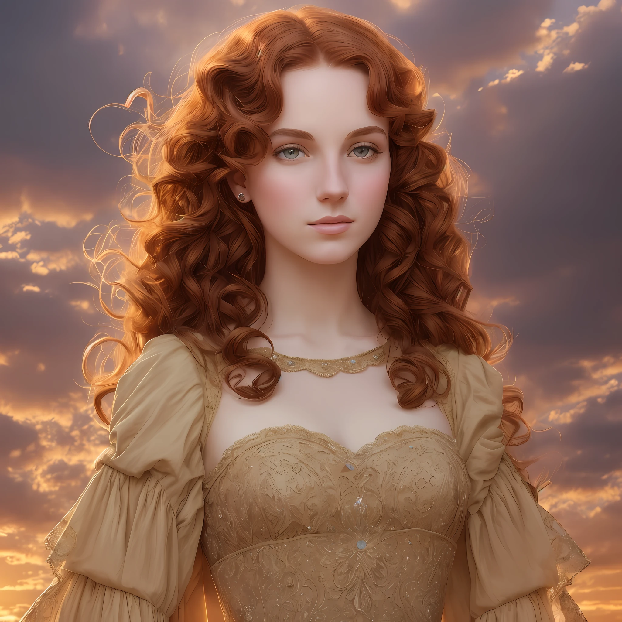 (best quality, masterpiece), english regency era tall woman, pose, particle, upper body, simple regency background, looking at viewer, reddish curly brown hair, hazel eyes, pale skin, backlit, rimlight, sunset colored day, beautiful artwork, perfect composition