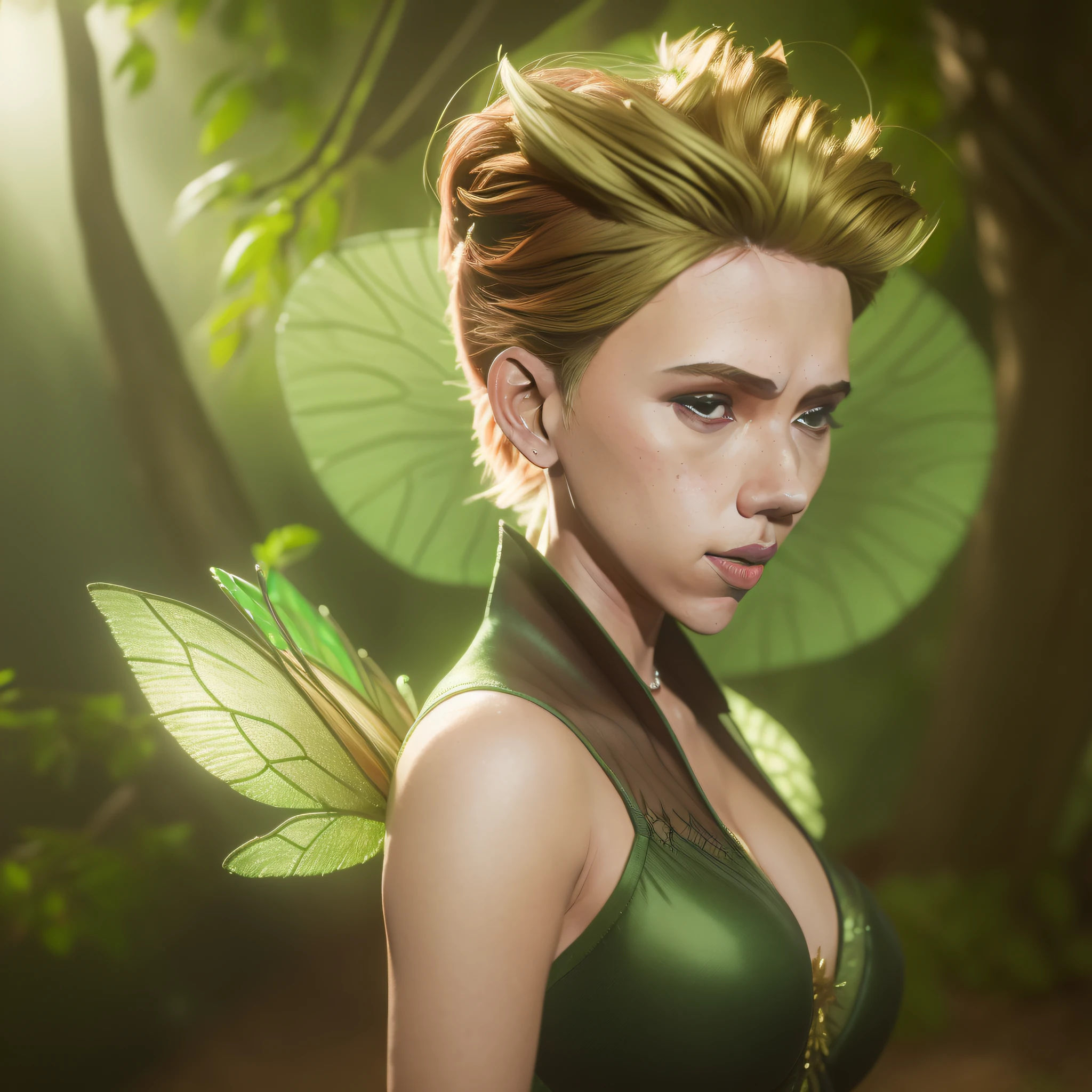 (extremely high-quality portrait illustration, best illumination, realistic texture),(Scarlett Johansson as Tinker Bell:1.3), green outfit, fairy wings, mischievous expression, enchanted forest background,vibrant colors,depth of field.