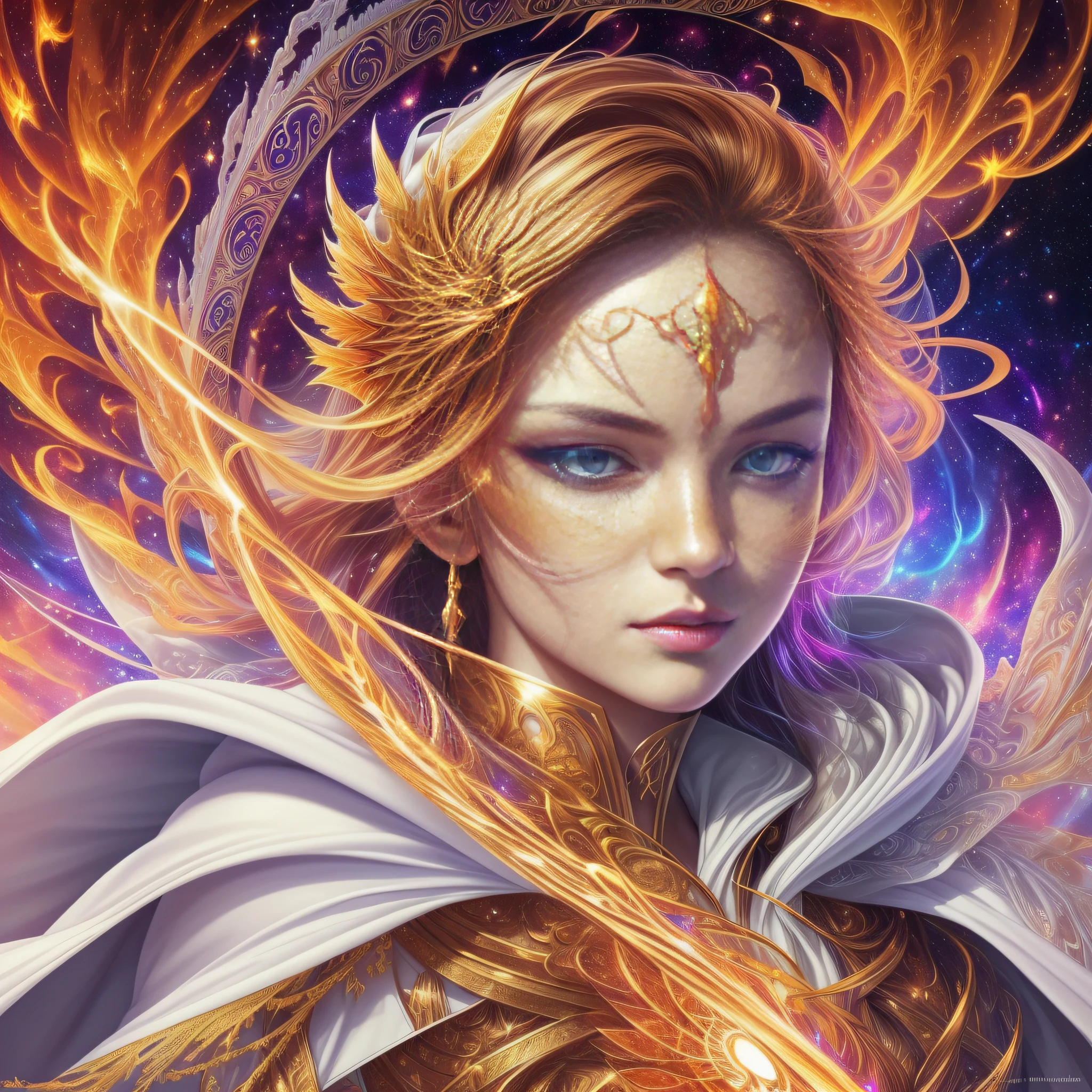 (masterpiece, top quality, best quality, official art, beautiful and aesthetic:1.2), (1girl), extreme detailed eyes, (fractal art:1.3), colorful, highest detailed, (perfect face), shiny skin, HDR, (white cloak golden lines:1.2), galaxy, (light streaks), striking visuals, (dynamic streaks, luminous trails:1.2), vibrant colors, (phoenix), (dragon)