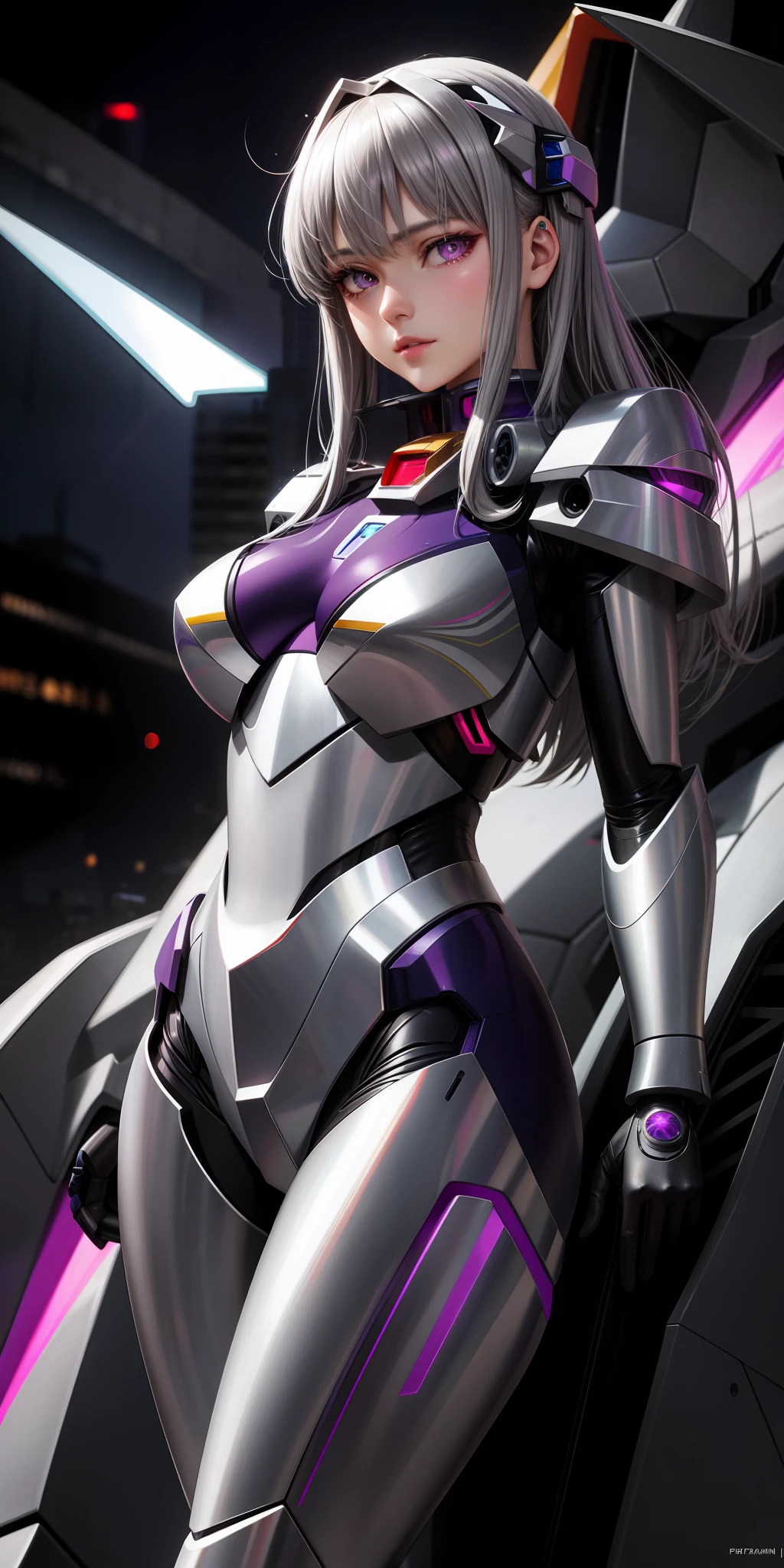 Realistic, single girl, gray hair, purple eyes, shining eyes, Gundam suit, fine mecha, metallic, detailed details, detailed neon, parted lips,