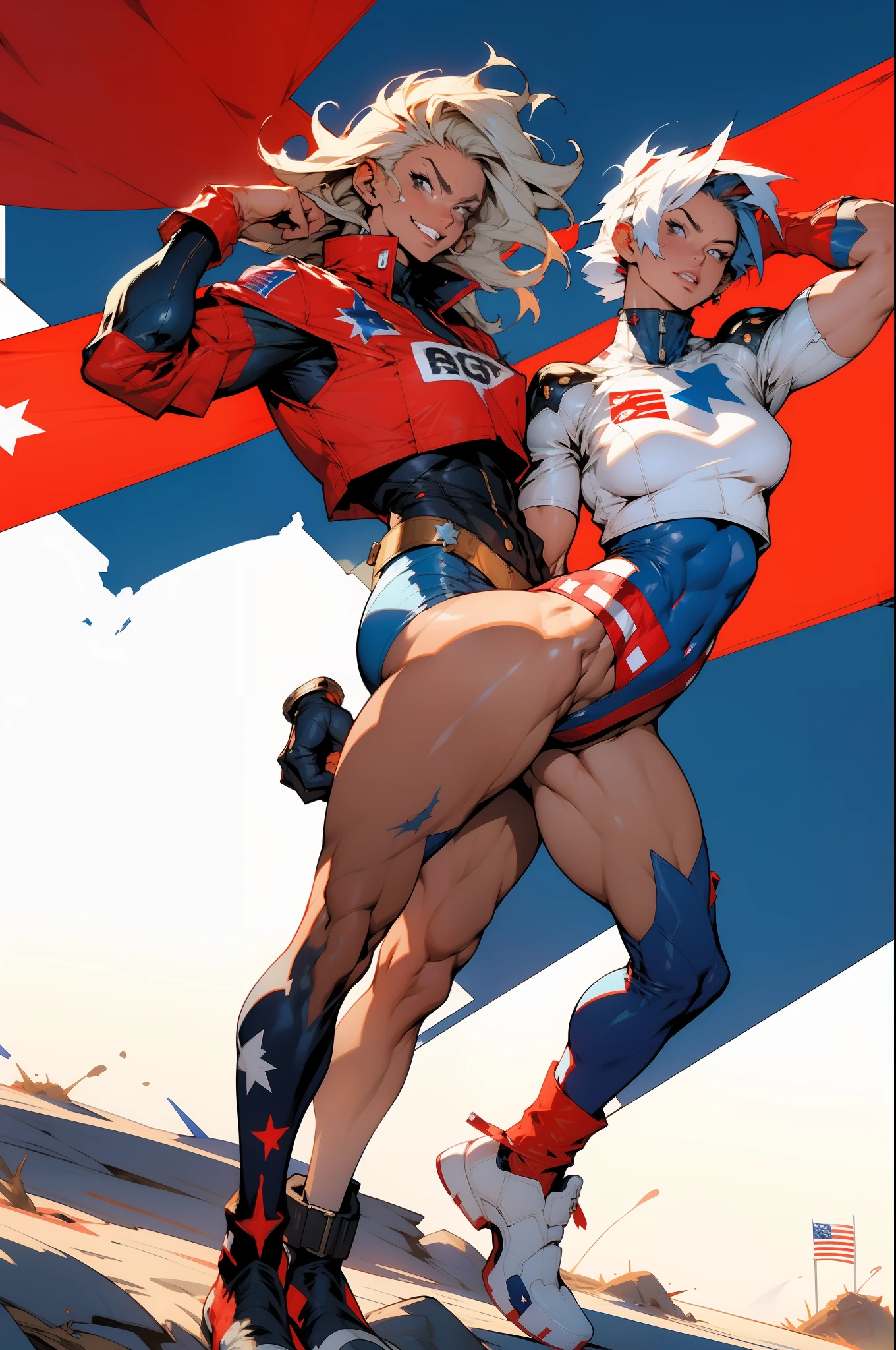 (((Simon Bisley))), (((flag))), Mature woman 35 years muscular beautiful, (((full body)))), , giant robot pilot, wild with perfect body, bare thighs, wearing little clothing, dark blue clothing with white stars, red with white stripes, tiny thong, hoarse with the colors of the United States flag, sensual pose, pose with attitude, add movements, large breasts, technological scenery