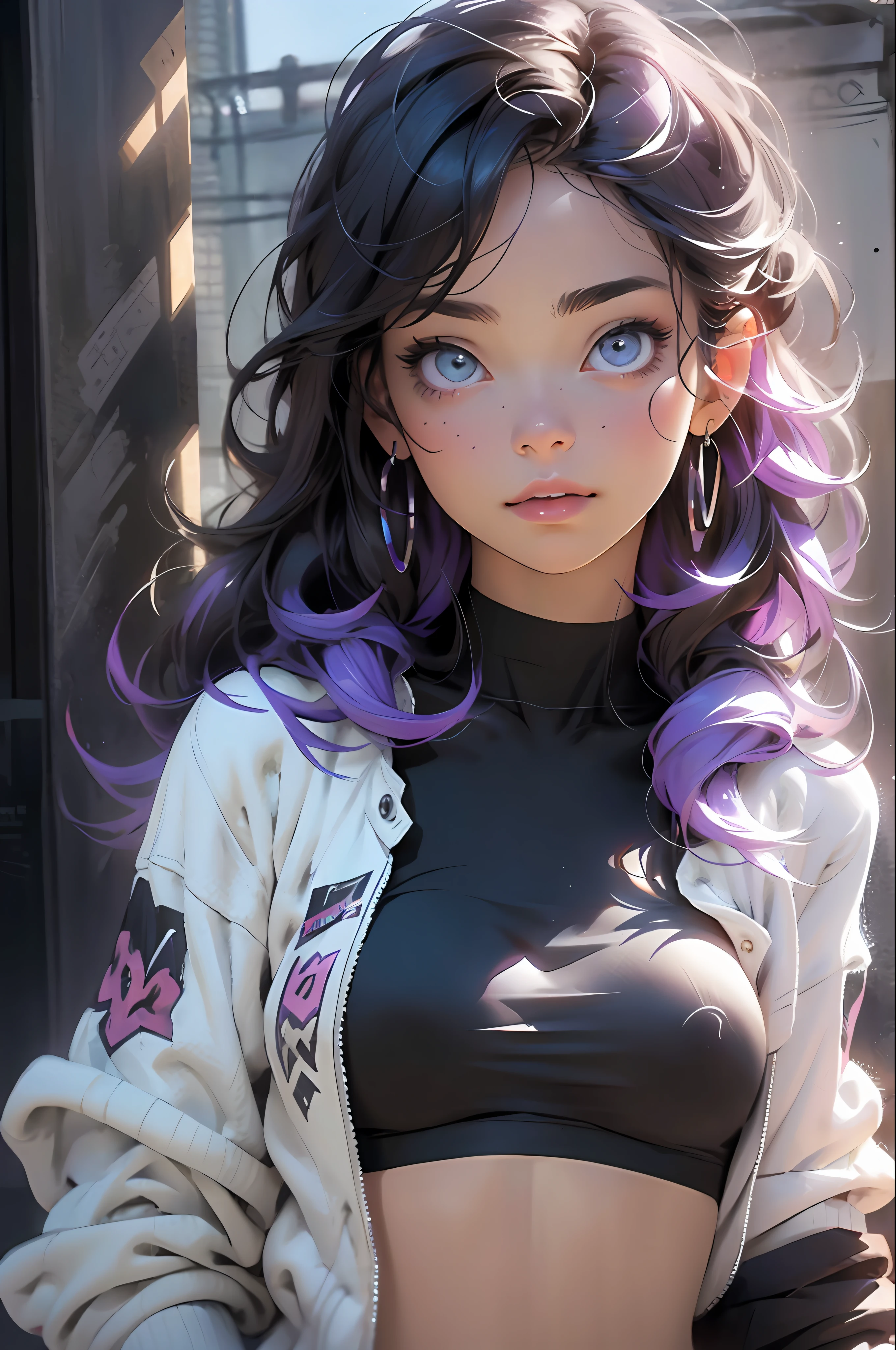 melancholy lighting, quiet, calm, brightness, masterpiece, best quality, 1girl, (JinxLol:1.2), (ultra photorealistic:1.3), (masterpiece:1.4), best quality, ((realistic)), high quality, ultra detailed, ((real image)), ((realistic skin)), ((realistic face)),(illustration:1.05), (beautiful:1.05), (beautiful detailed eyes:1.05), (cinematic light:1.1), purple and pink on the detacks, full body, black and blue clothing, white sneakers