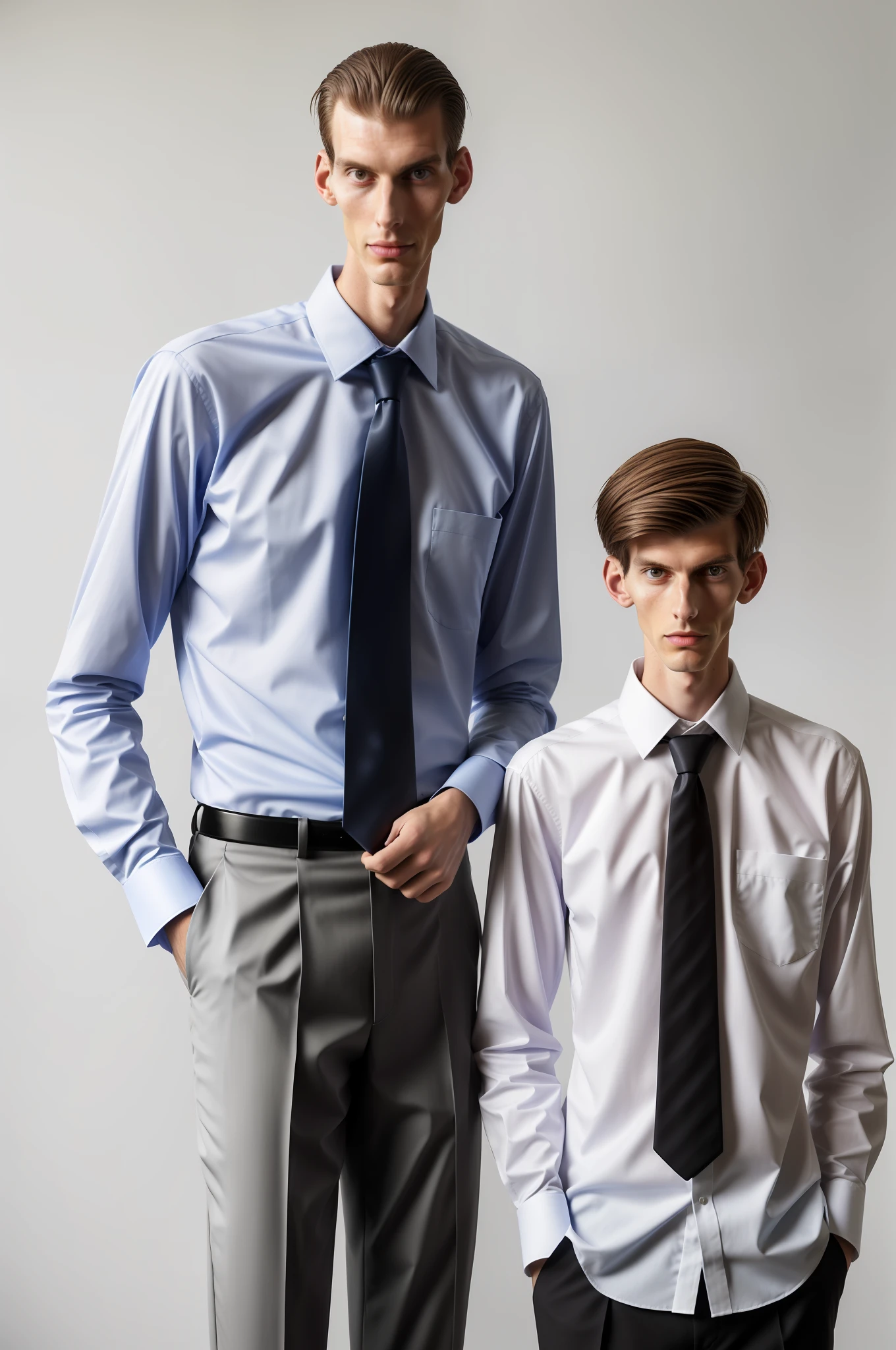 there is a man standing next to a boy in a dress shirt and tie, a portrait by Marshall Arisman, unsplash, hyperrealism, tall man, very tall, tall and slim figured, tall and small, tall and slim, very very very tall, slim and tall, very very very very tall, tall and lanky skinny, very tall and slender