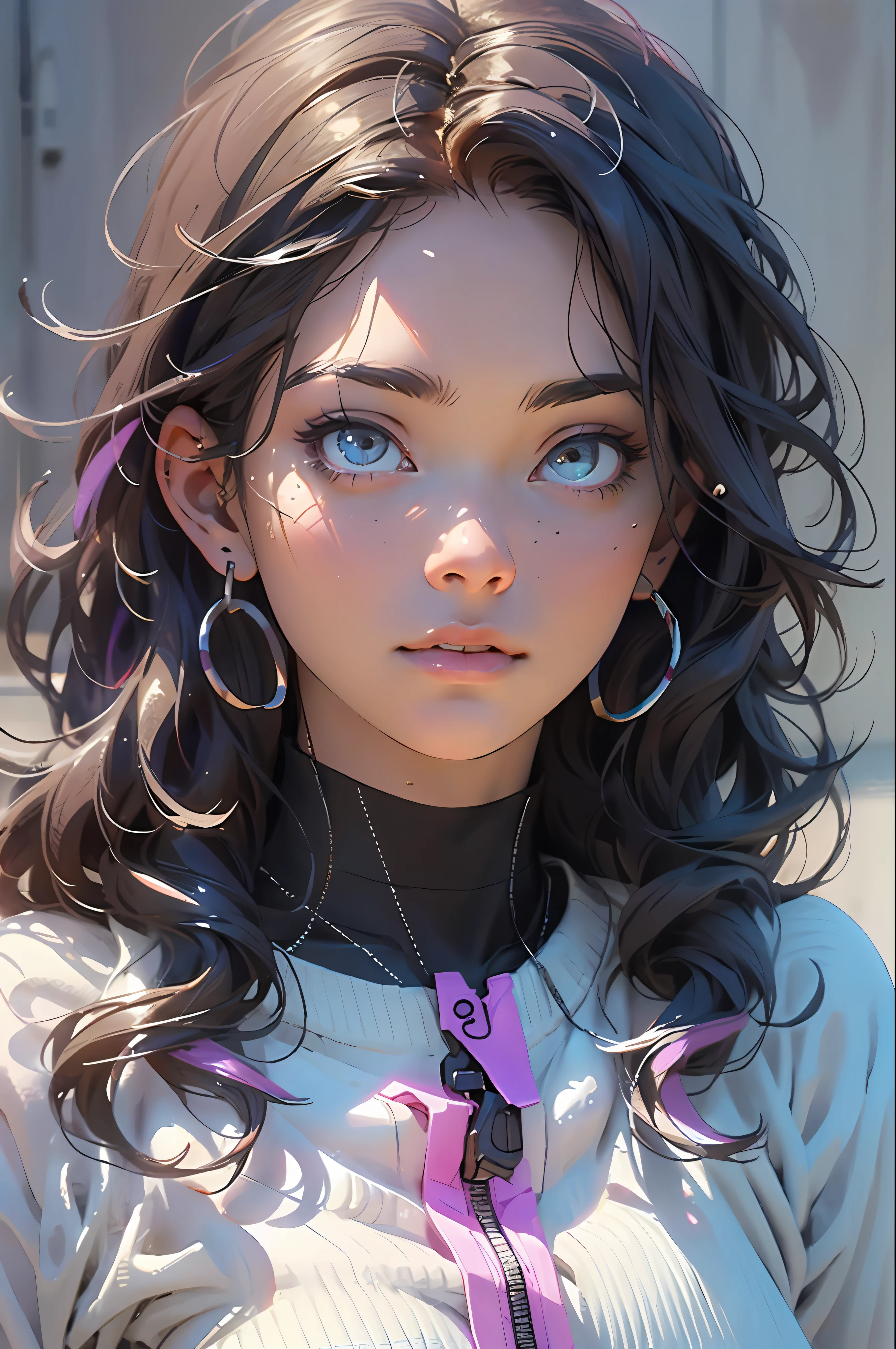 melancholy lighting, quiet, calm, brightness, masterpiece, best quality, 1girl, (JinxLol:1.2), (ultra photorealistic:1.3), (masterpiece:1.4), best quality, ((realistic)), high quality, ultra detailed, ((real image)), ((realistic skin)), ((realistic face)),(illustration:1.05), (beautiful:1.05), (beautiful detailed eyes:1.05), (cinematic light:1.1), purple and pink on the detacks, full body, black and blue clothing, white sneakers