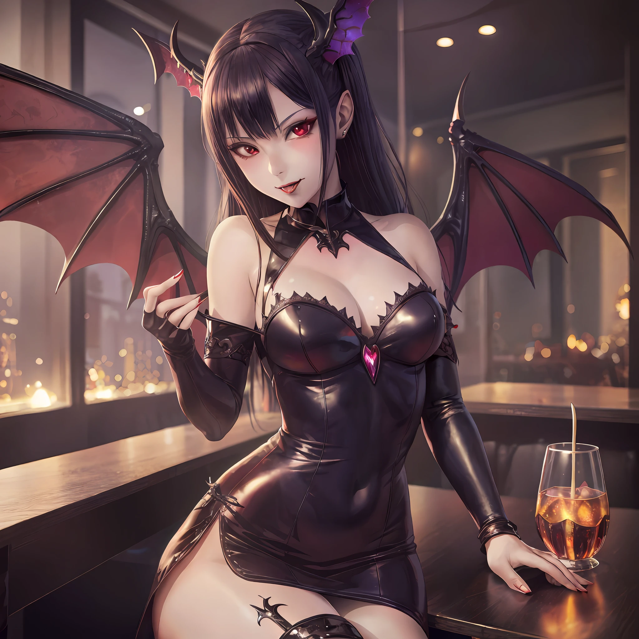 Araffe dressed in a red color latex outfit sitting at a bar, Beautiful Succubus, Succubus in tight short dress, Succubus, Demon Anime Girl, Succubus | medieval, succubus in sun dress portrait, demon mika kurai, beautiful elegant demon queen, demonic girl, seductive anime girl, extremely detailed artgerm, giesha demon
