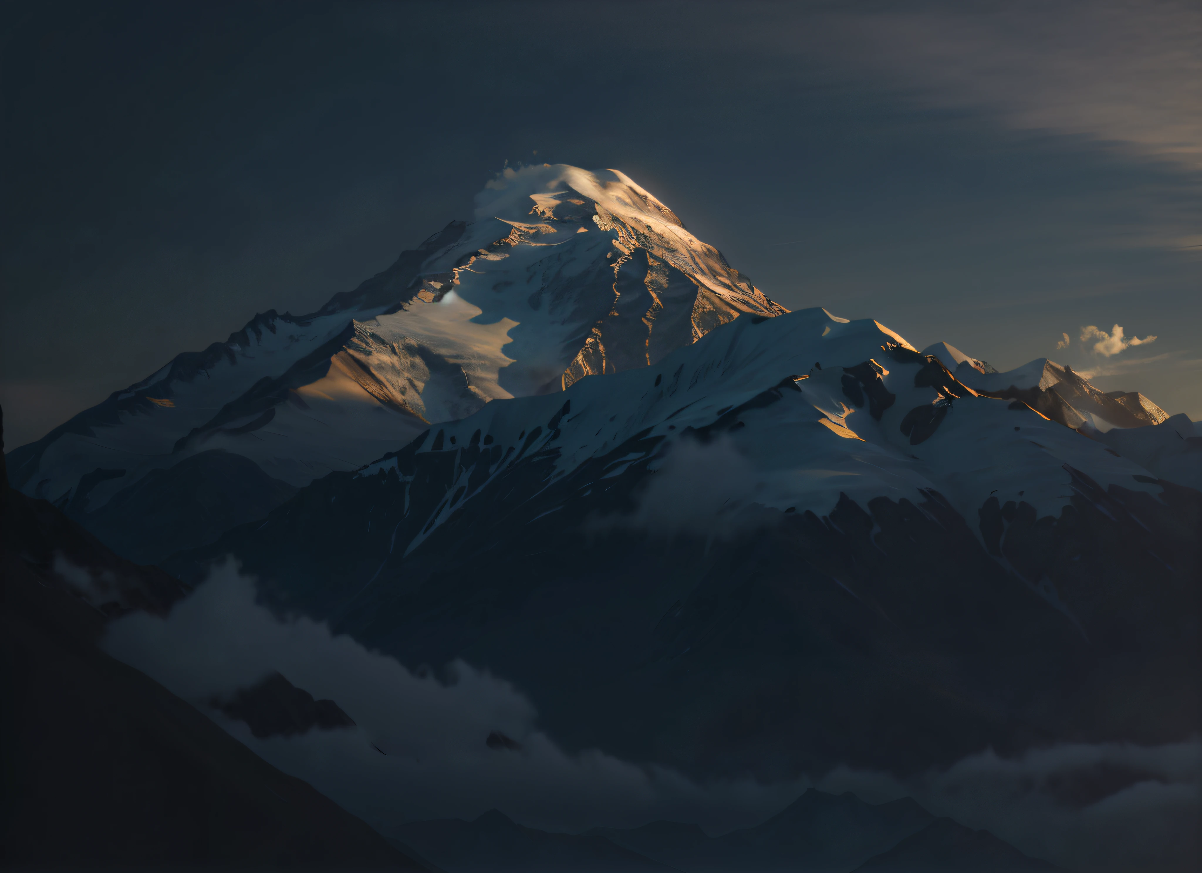 arafed mountain with a snow covered peak in the distance, marc adamus, mt elbrus at night, rendered in houdini, by Andrei Kolkoutine, rendered in maya and houdini, low detailed. digital painting, rendered in arnold, rendered in corona, 4k hd matte digital painting, 8k matte painting, 8 k matte painting