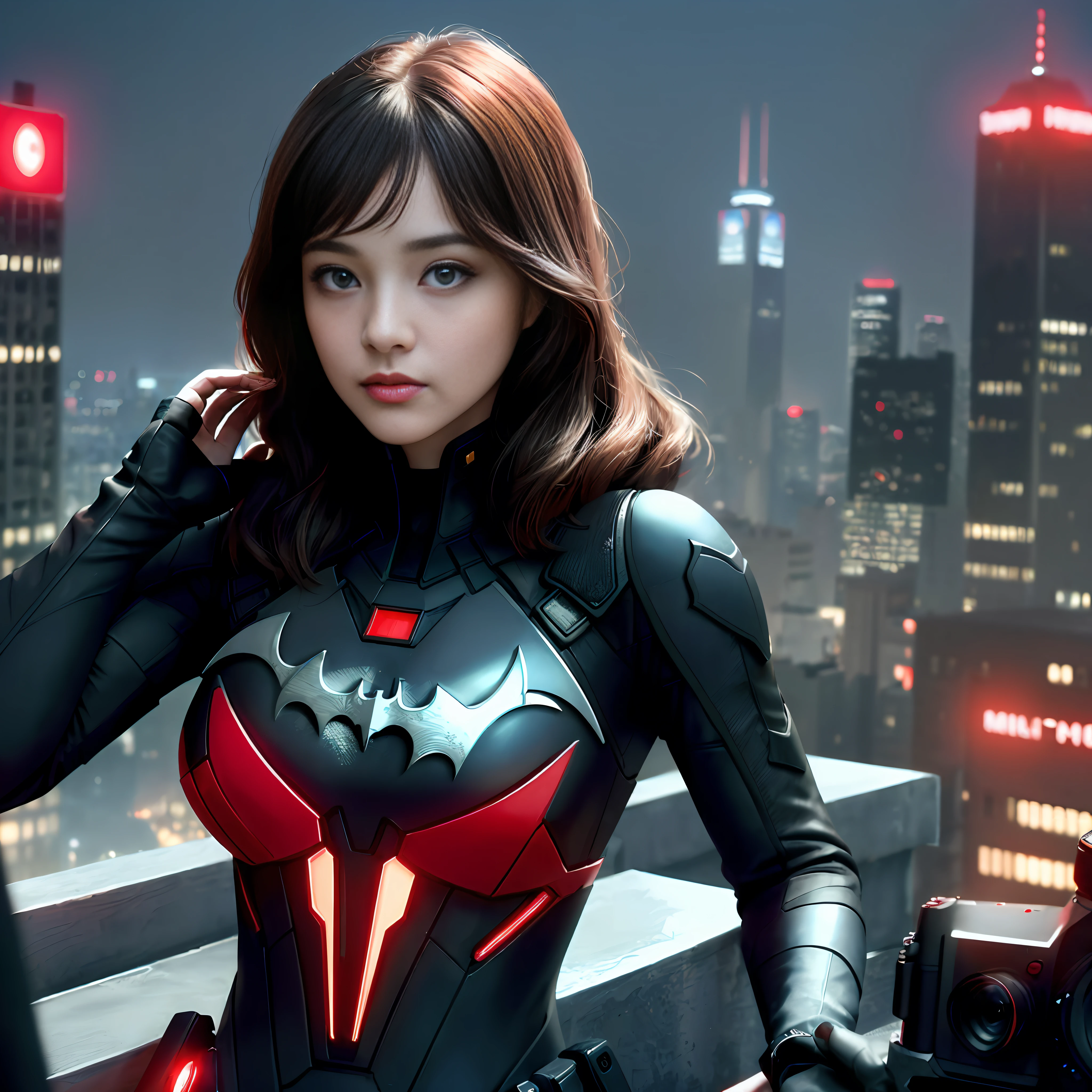 (1girl:1.3), Solo, (((Very detailed face)))), ((Very detailed eyes and face)))), Beautiful detail eyes, Body parts__, Official art, Unified 8k wallpaper, Super detailed, beautiful and beautiful, beautiful, masterpiece, best quality, original, masterpiece, super fine photo, best quality, super high resolution, realistic realism, sunlight, full body portrait, amazing beauty, dynamic pose, delicate face, vibrant eyes, (from the front), She wears Batman suit, red and black color scheme, bat, very detailed city roof background, rooftop, overlooking the city, detailed face, detailed complex busy background, messy, gorgeous, milky white, highly detailed skin, realistic skin details, visible pores, clear focus, volumetric fog, 8k uhd, DSLR camera, high quality, film grain, fair skin, photo realism, lomography, futuristic dystopian megalopolis, translucent