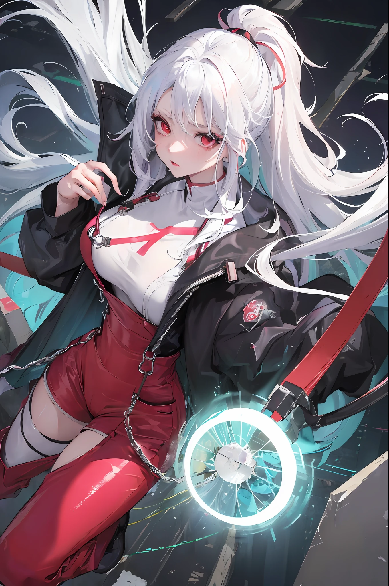 (((Masterpiece)))), high quality, HDR color fidelity, incredibly detailed scene, anime/cartoon style, Korean face, girl, white hair, red eyes, feminine, sexy expression, big chest,In a neon interdimensional portal sucking everything around, wearing Chinese tight overalls, in an epic setting that seems to be breaking into cracks in the ground.