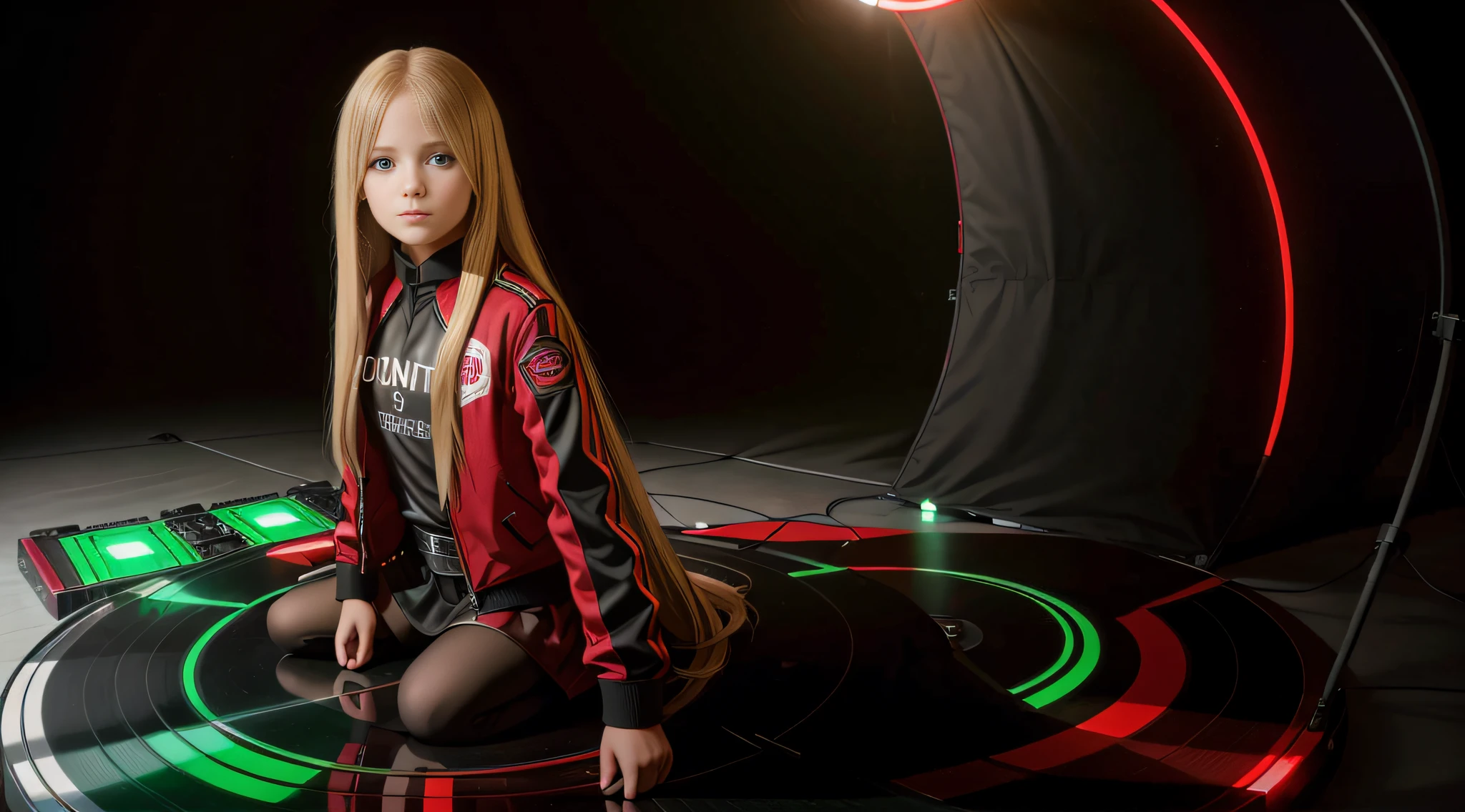 12 year old girl, long blonde straight hair, with black RED jacket and black outfit, in the photographic studio, with white infinite background, GREEN BACKGROUND LIGHT with many cds and vinyls on the floor, NEXT TO THE GIRL MODEL SOFT GREEN LIGHT.