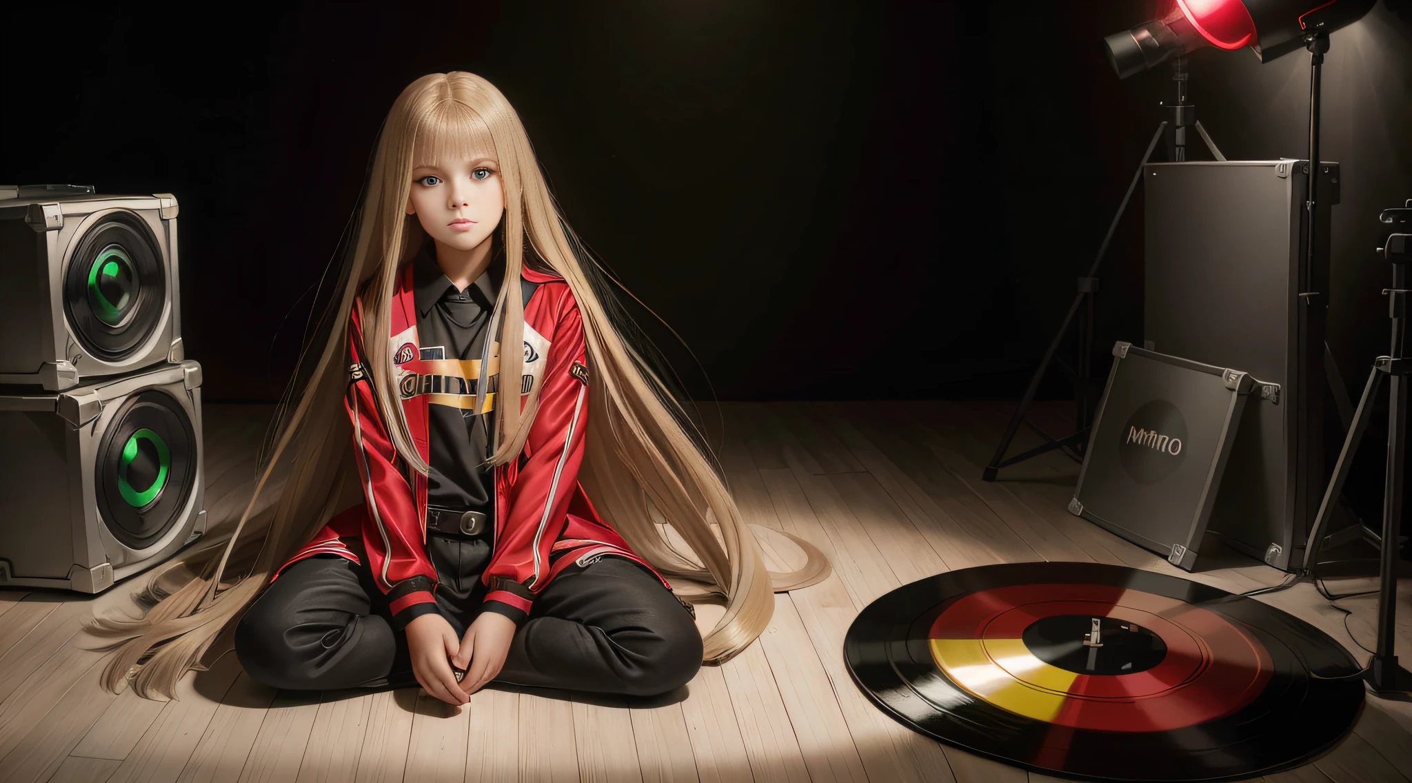 girl, long blonde straight hair, with black RED jacket and black outfit, in the photographic studio, with white infinite background, GREEN BACKGROUND LIGHT with many cds and vinyls on the floor, NEXT TO THE GIRL MODEL SOFT GREEN LIGHT.