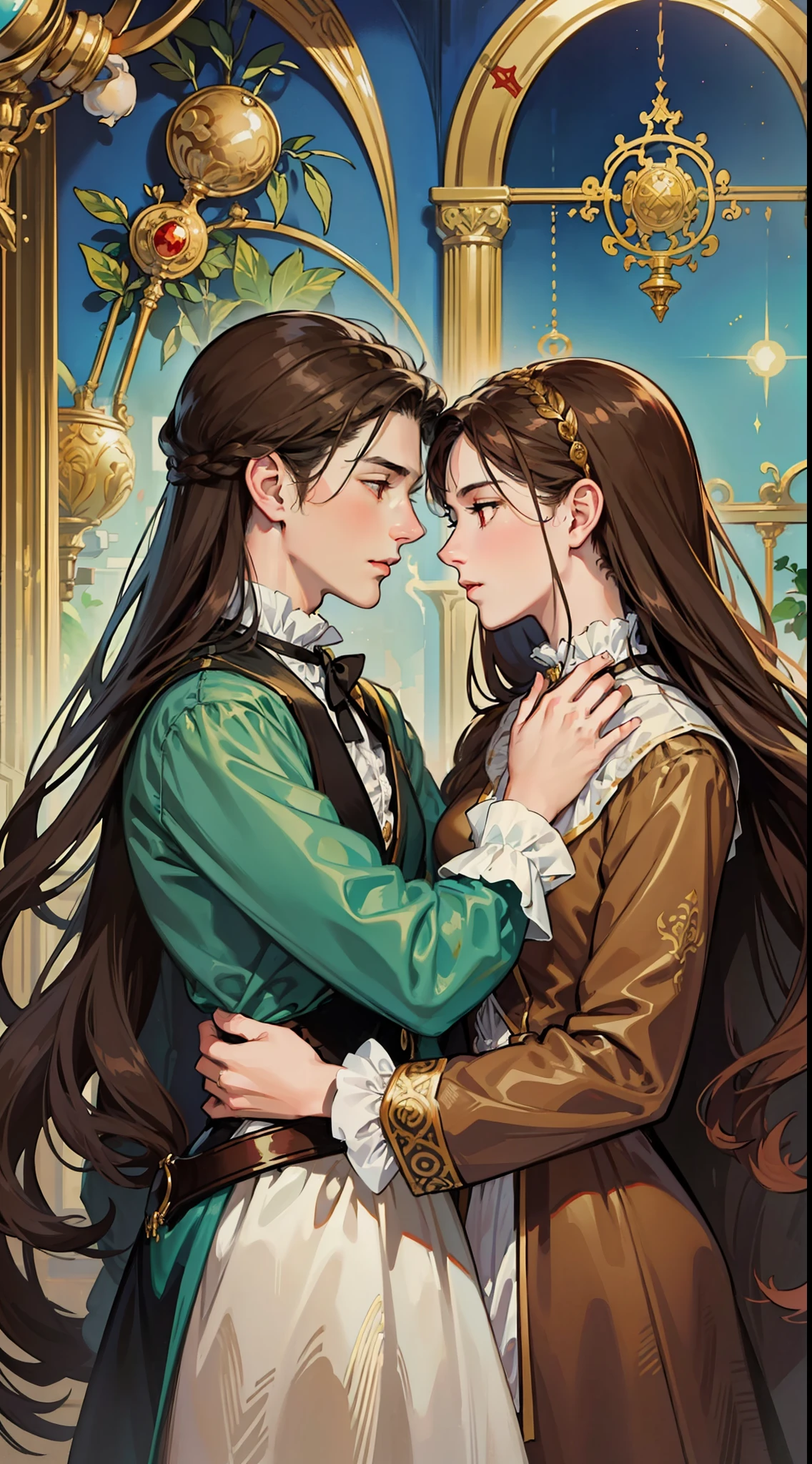 ((masterpieces)), best quality, outstanding illustration, a couple kissing, soft focus, 1 boy with long black hair, RED EYES, 1 girl with long brown hair, BROWN EYES, Victorian clothes, Victorian romanticism, opulent and exquisite atmosphere, soft light and warm lighting.