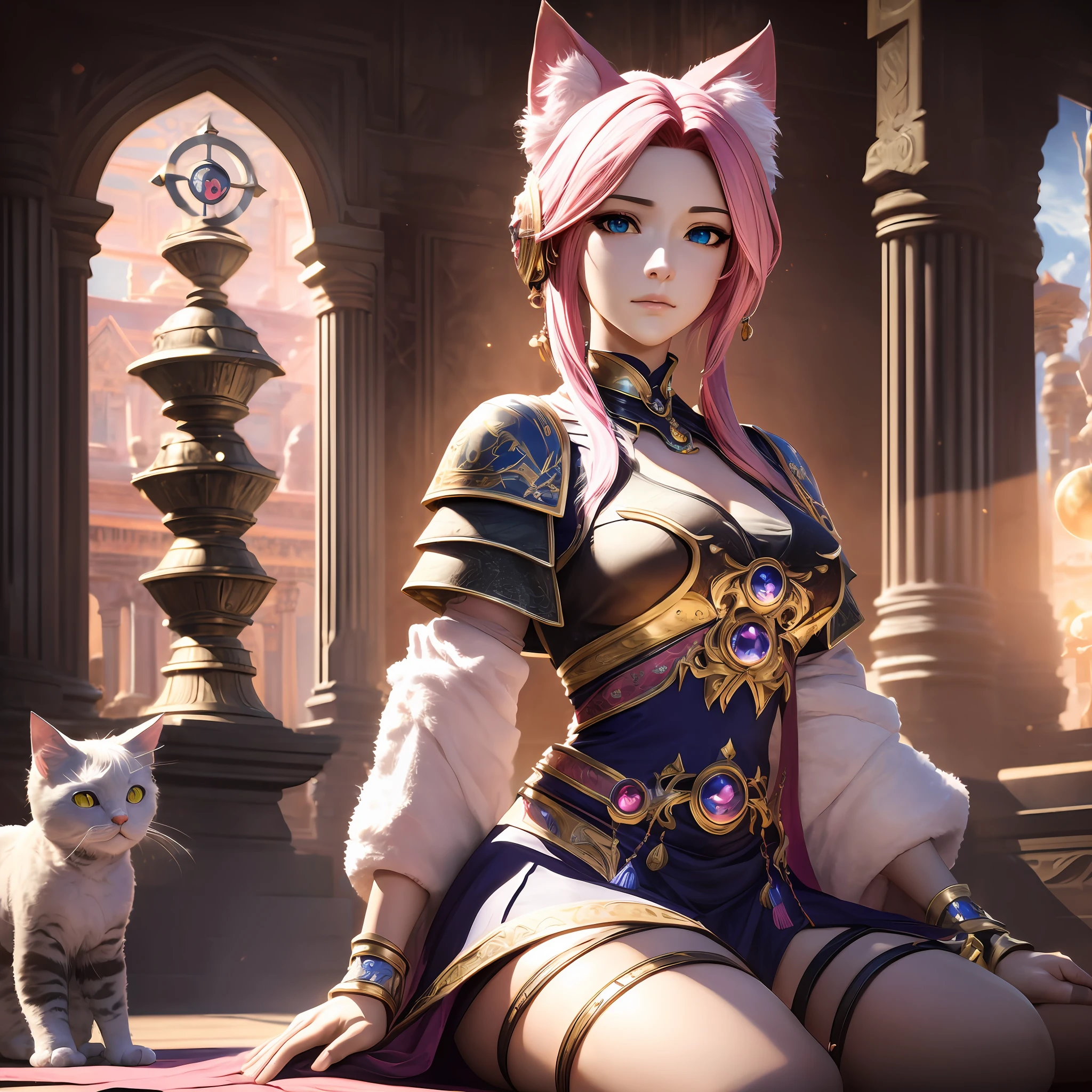 (final fantasy art), (masterpiece: 1.5), art station, ultra realistic CG, vivid colors, young woman, ((pink hair in motion)), space priest costume, cosmic space background, (meditating), reflective lights, ray tracing, inside a temple, ultra detailed symbols on the walls, stained glass, ((caravaggio style, light, shadows)), bright and realistic skin, (focus on the eyes), (cat kits), HDR, 4K Cinema --auto --s2