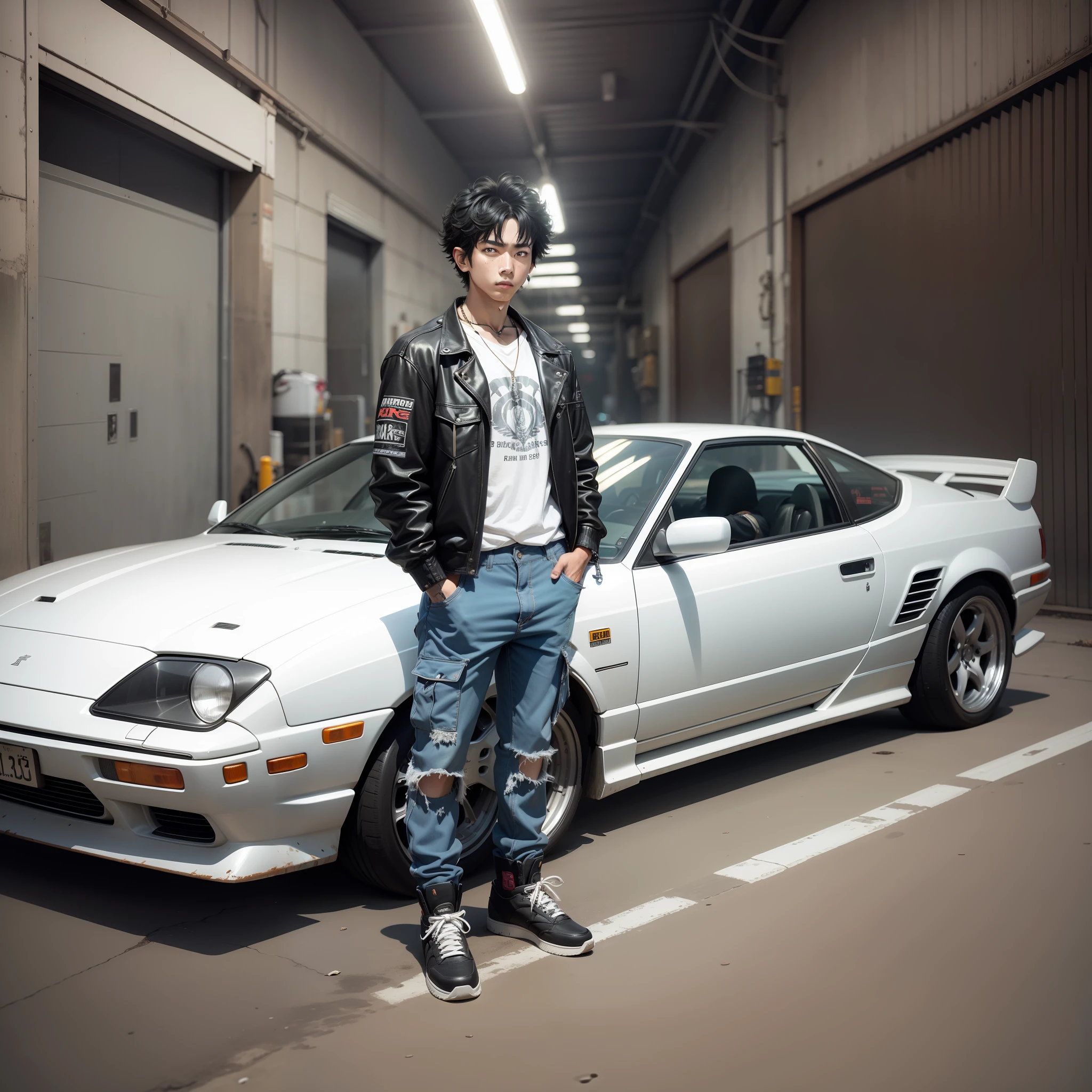 arafed man standing in front of a white car in a garage, kentaro miura style, miura kentaro style, inspired by Ueda Fumito, ae 8 6, mechanic punk outfit, inspired by Kentaro Miura, inspired by Aleksander Gine, inspired by Jang Seung-eop, inspired by Yukihiko Yasuda