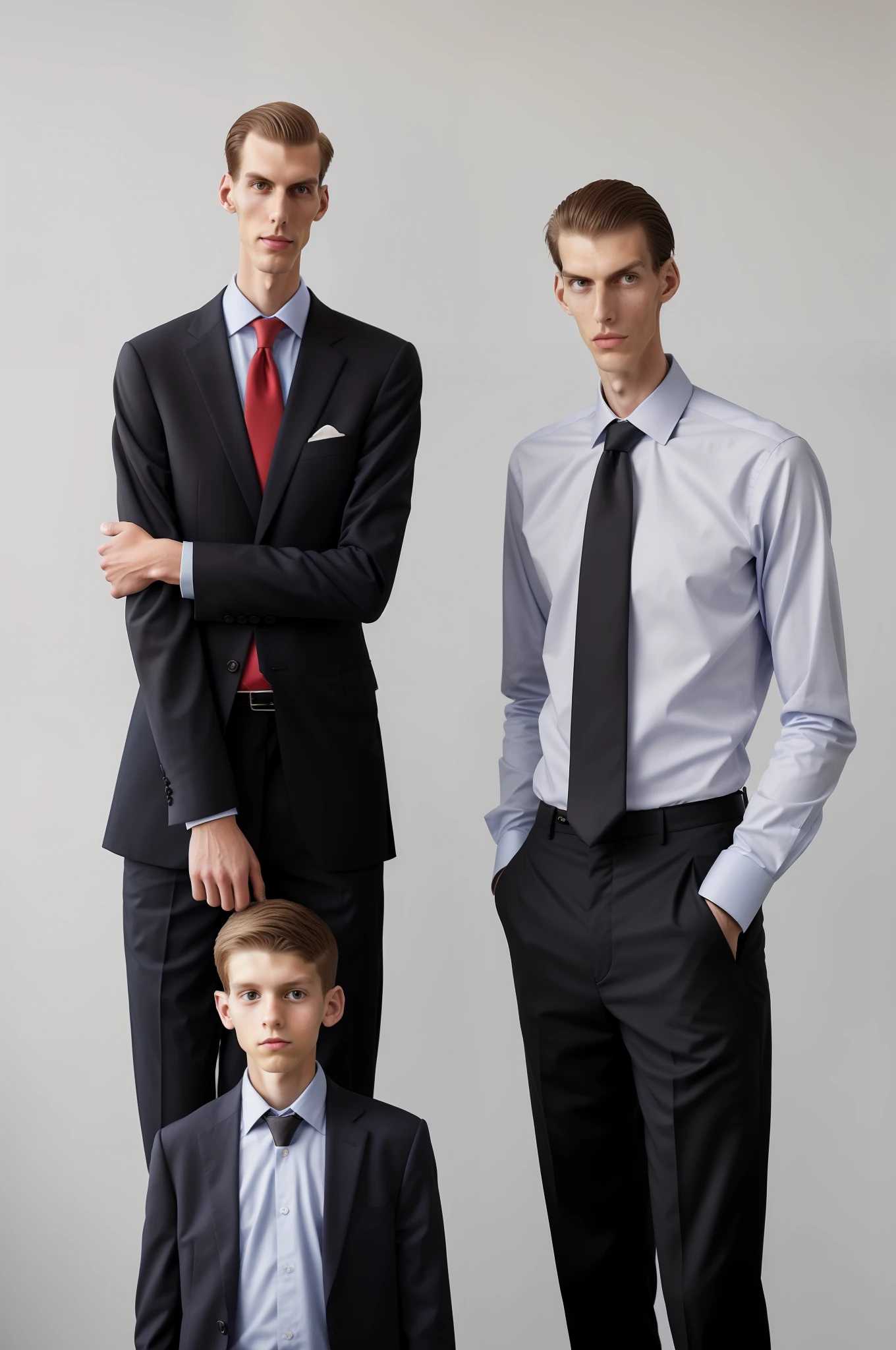 there is a man standing next to a boy in a dress shirt and tie, a portrait by Marshall Arisman, unsplash, hyperrealism, tall man, very tall, tall and slim figured, tall and small, tall and slim, very very very tall, slim and tall, very very very very tall, tall and lanky skinny, very tall and slender