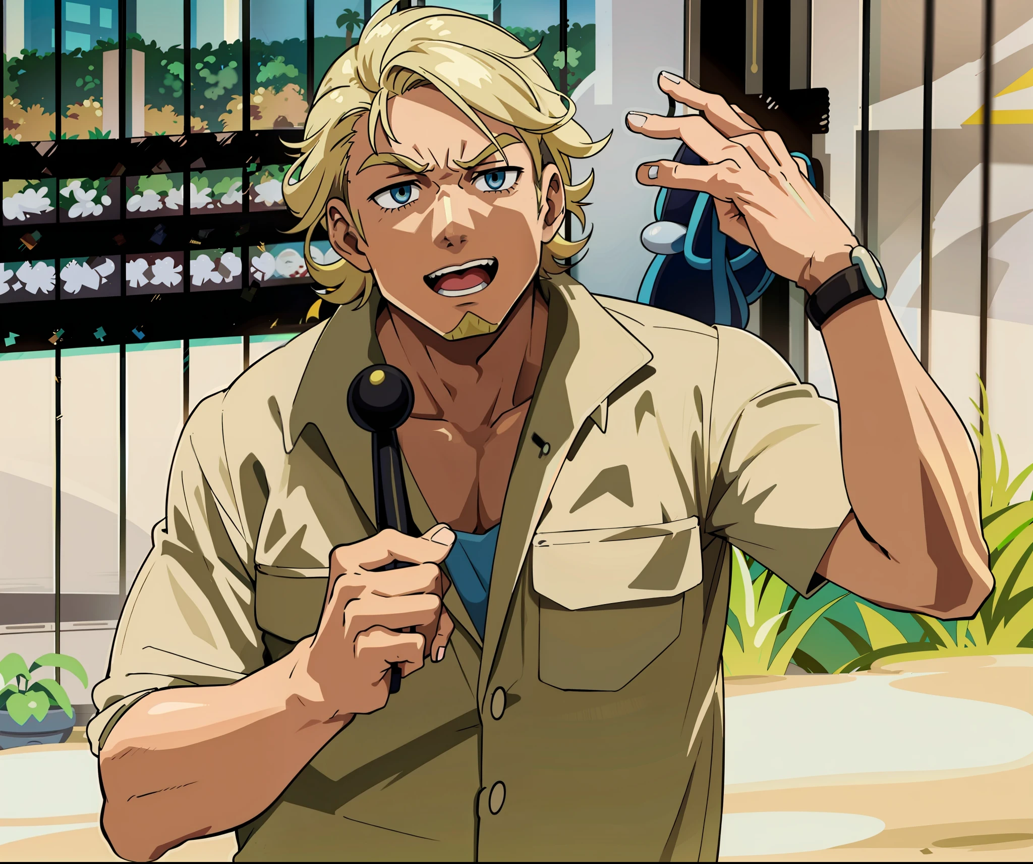 man in a tan shirt looking at viewer, blonde man, steve irwin, pokemon anime style, pokemon, pokemon anime, anime, one man is blond, blonde guy