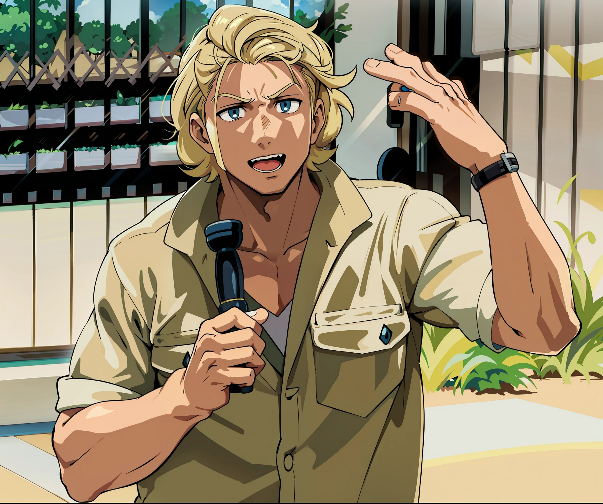 man in a tan shirt looking at viewer, blonde man, steve irwin, pokemon anime style, pokemon, pokemon anime, anime, one man is blond, blonde guy