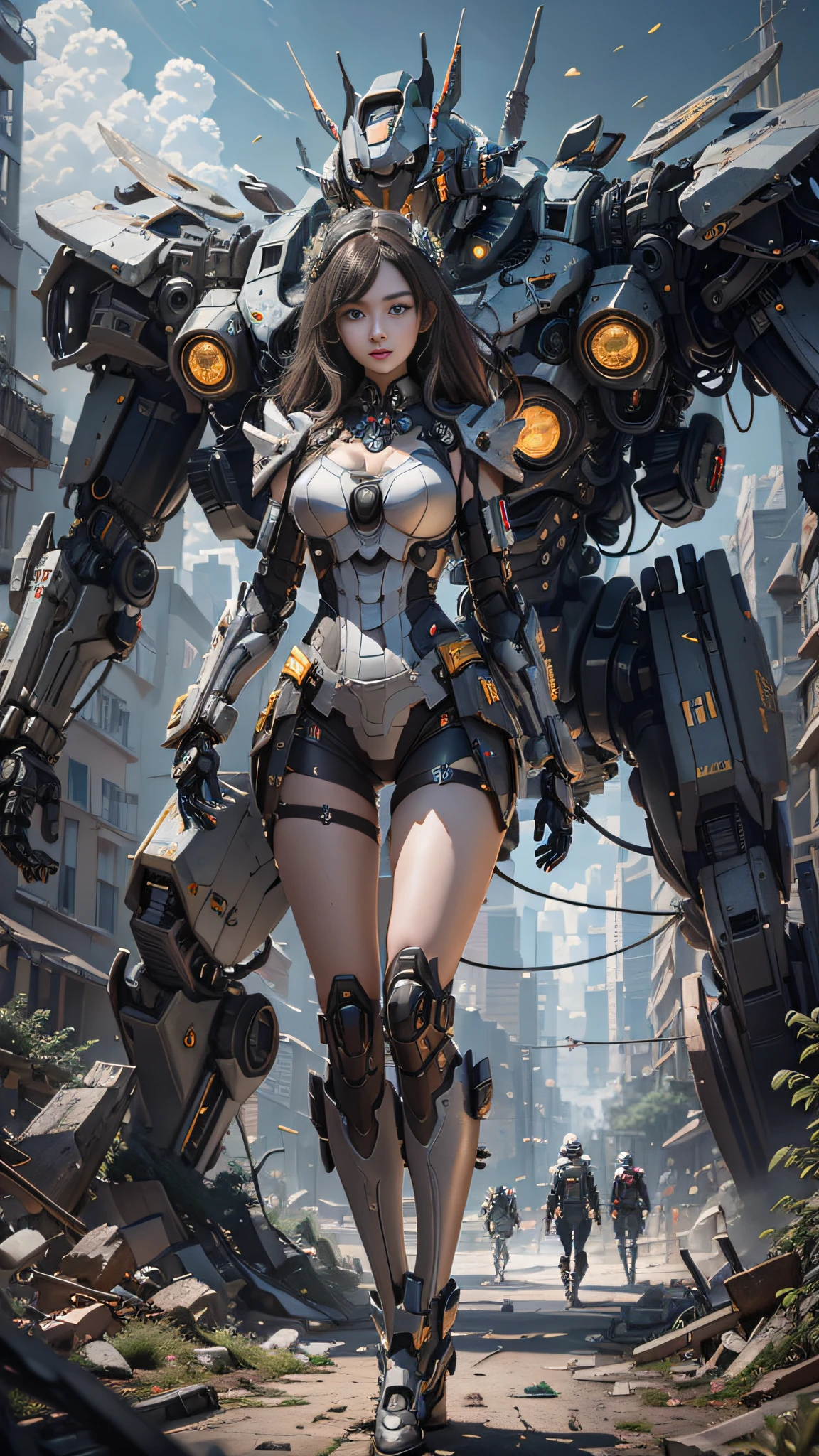 ((Best Quality)), ((Masterpiece)), (Very Detailed: 1.3), 3D, Shitu-mecha, Beautiful cyberpunk woman wearing crown with her mecha in ruins of a city in forgotten war, long silver hair, black pantyhose,sci-fi technology, HDR (High Dynamic Range), ray tracing, nvidia RTX, super resolution, unreal 5, subsurface scattering, PBR texture, post-processing, anisotropic filtering, depth of field, maximum sharpness and sharpness, multi-layered texture, Albedo and specular mapping, surface shading, accurate simulation of light-material interactions, perfect ratios, octane rendering, duotone lighting, low ISO, white balance, rule of thirds, wide aperture, 8K RAW, high efficiency sub-pixels, subpixel convolution, luminous particles, light scattering, Tyndall effect