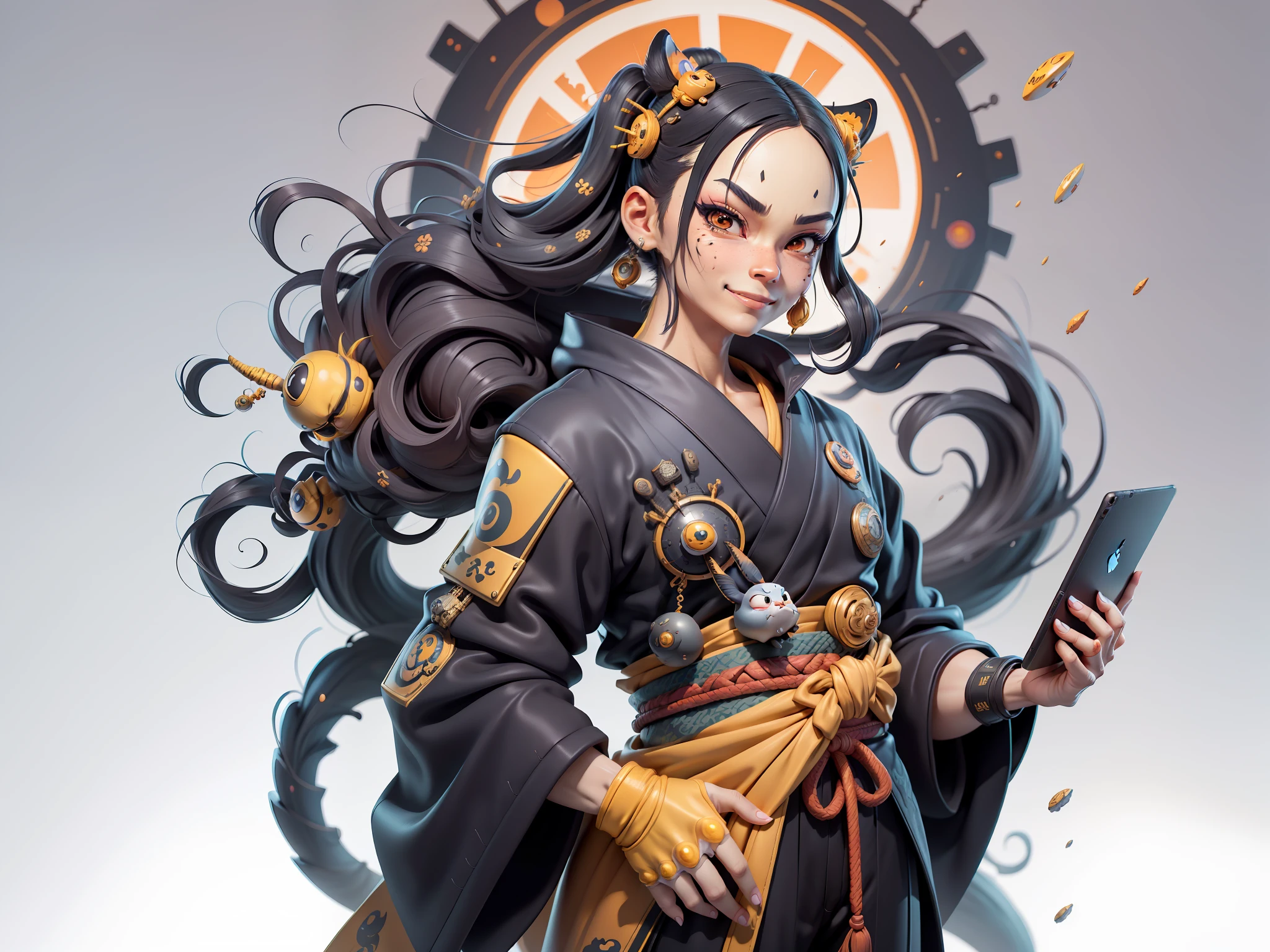 (Masterpiece), (Extreme Quality), (Super Meticulous), (Full Body: 1.2), Super Young Woman, Japanese Female Geisha, Beauty, Chinese Dragon, Tiger, Fengshen Thor, Sexy, Bursting, Oriental Face, TV Anchor, Bust Portrait Illustration, Alone, Black Suit, Blue Tie, Slightly Chubby, Very Clean Face, No Beard, Black Super Short Hair, Black Eyes, Confident Smile, 3c Computer Sub-Products, iPad, iPhone, Digital Painting, 3D character design by Mark Clairedon and Pixar and Hayao Miyazaki and Akira Toriyama, the illustrations are HD illustrations in 4K resolution with highly detailed facial features and cartoon-style visuals.