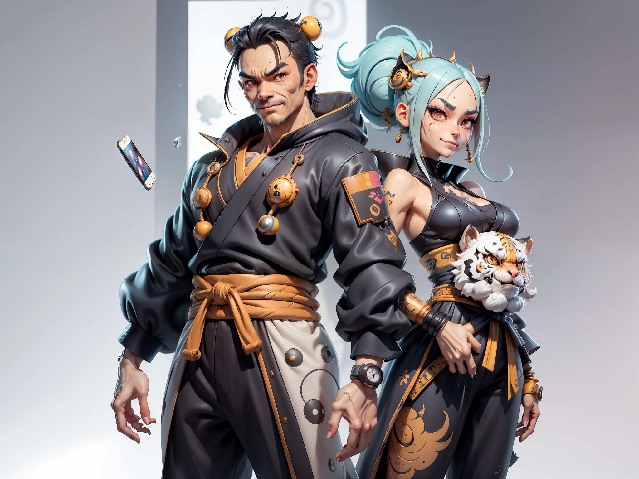 (Masterpiece), (Extreme Quality), (Super Meticulous), (Full Body: 1.2), Super Young Woman, Japanese Female Geisha, Beauty, Chinese Dragon, Tiger, Fengshen Thor, Sexy, Bursting, Oriental Face, TV Anchor, Bust Portrait Illustration, Alone, Black Suit, Blue Tie, Slightly Chubby, Very Clean Face, No Beard, Black Super Short Hair, Black Eyes, Confident Smile, 3c Computer Sub-Products, iPad, iPhone, Digital Painting, 3D character design by Mark Clairedon and Pixar and Hayao Miyazaki and Akira Toriyama, the illustrations are HD illustrations in 4K resolution with highly detailed facial features and cartoon-style visuals.