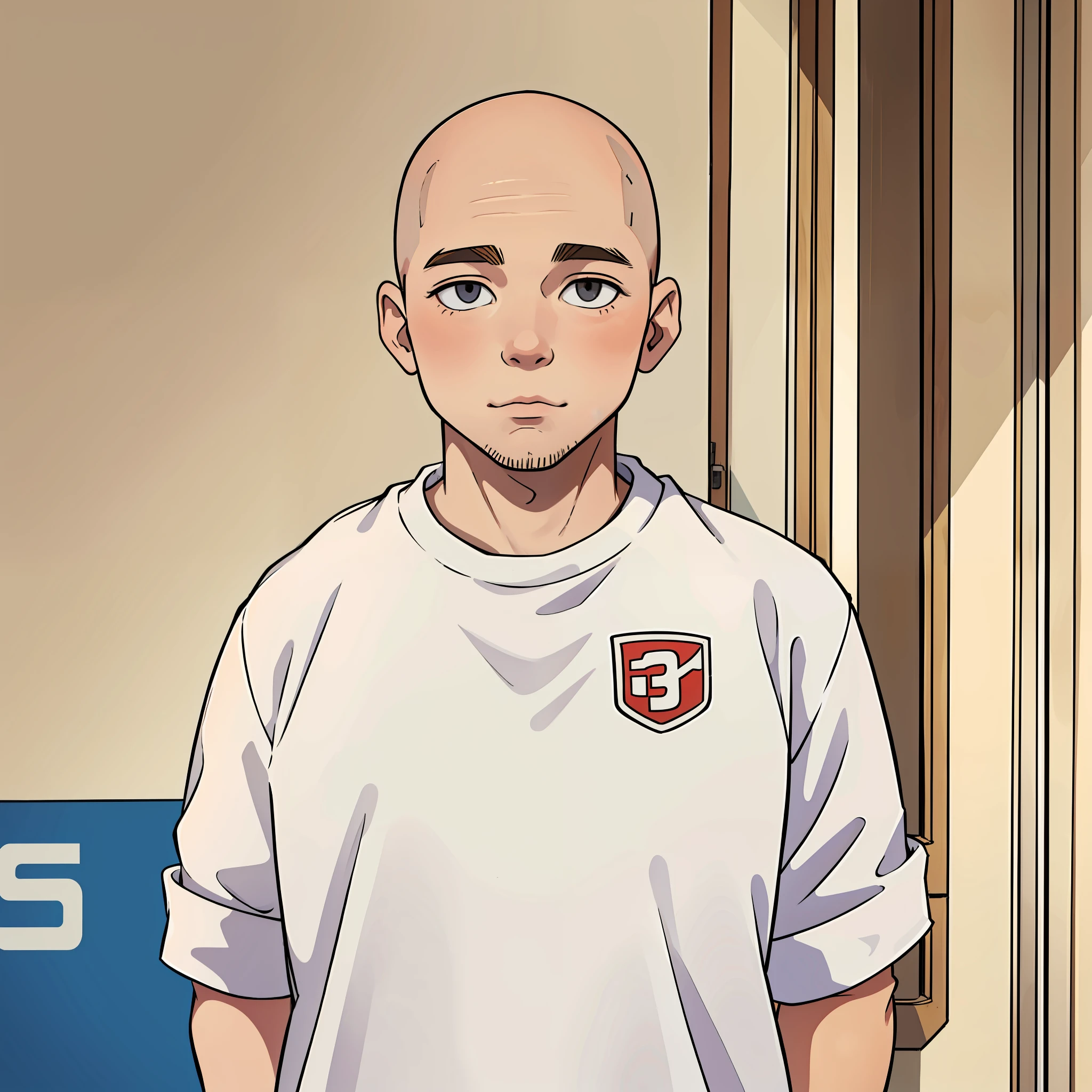 A bald, white, cheeky 19-year-old male ager, tall and slightly overweight