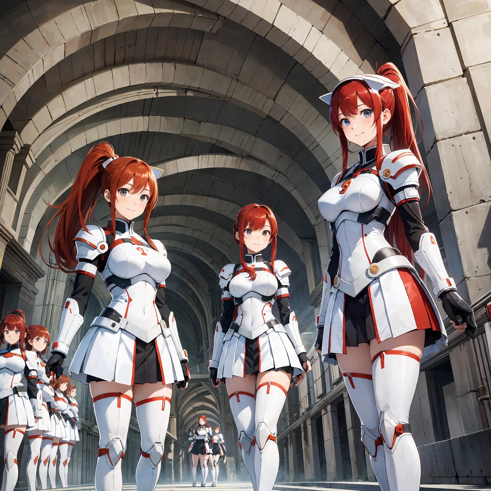 perfect anime illustration, multiple girls, thousands of girls, millions of girls, clones, identical sisters, red hair, ponytail, matching hairstyle, hazel eyes, smiling, white skin, matching outfits, military uniforms, armor, highres, full body, bare legs, neat rows of sisters, neat columns of sisters, sisters standing in formation, sisters in background