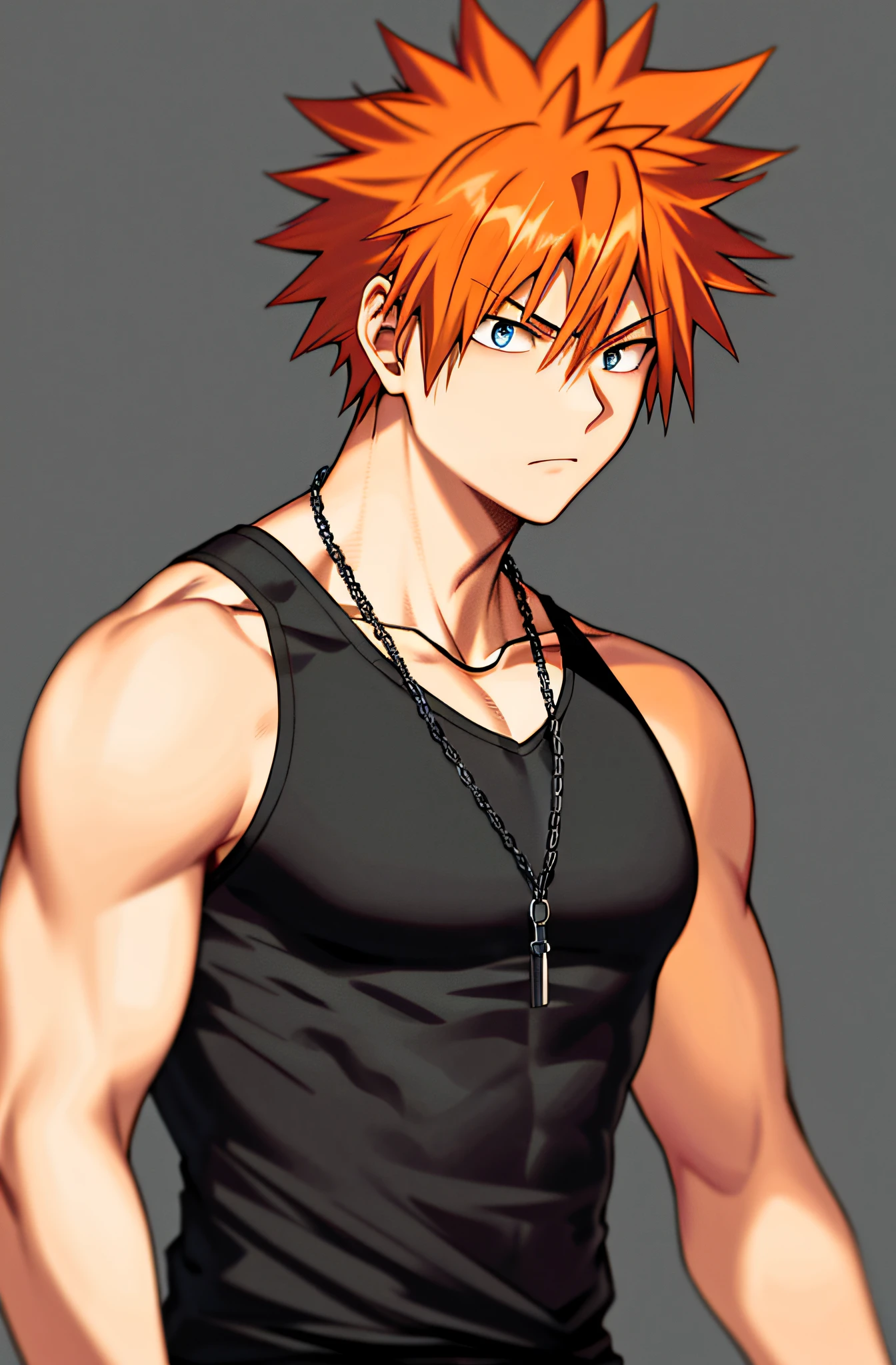 Horikoshi Kouhei, 1boy,  shoulders, black tank top, orange hair, blurred background, highres, looking away, male focus, muscular, muscular male, blue eyes, short hair, spiked hair, tank top, military chain dogtags on the neck and Sword inside the  at the waist