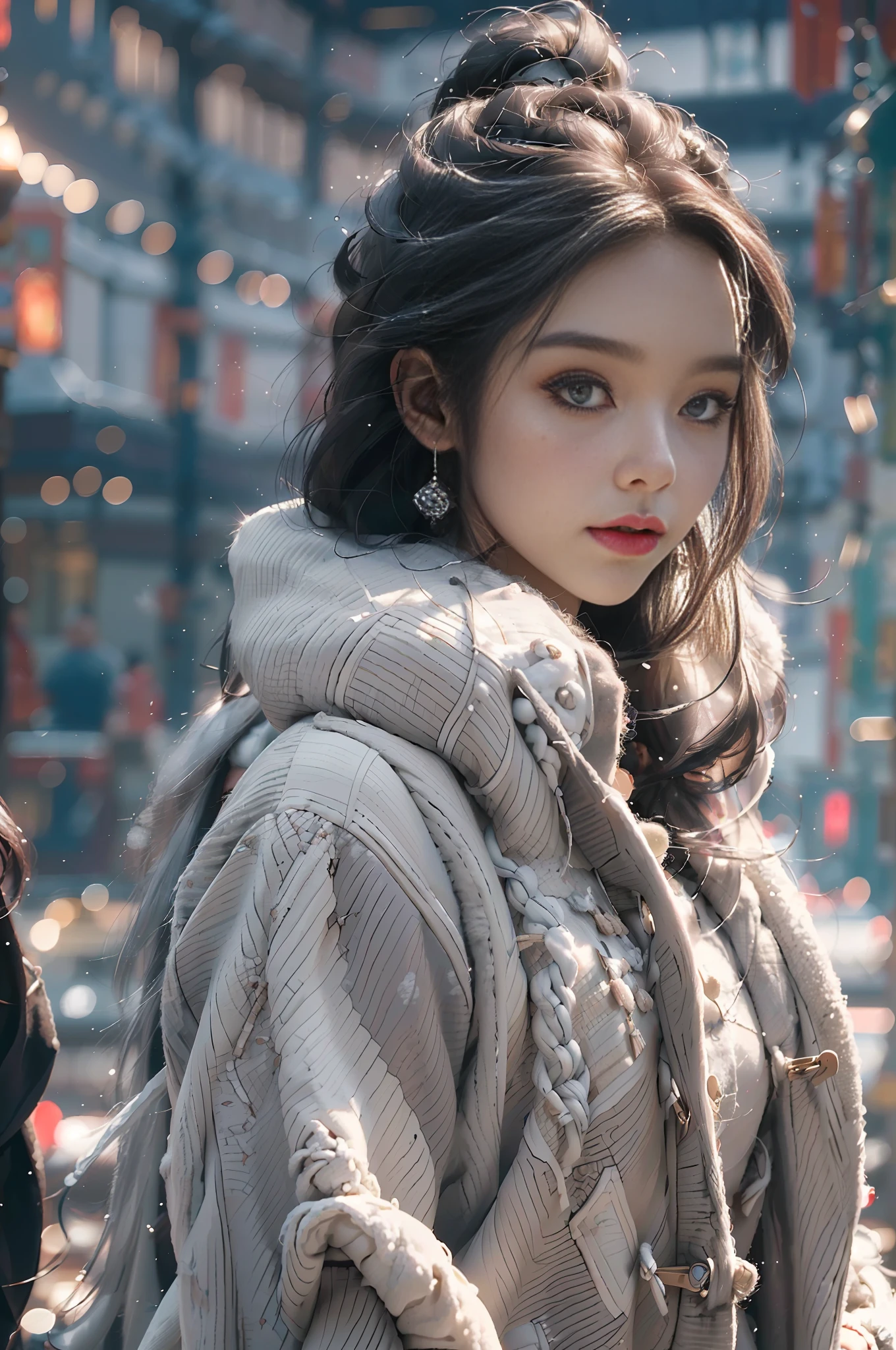 (Best Quality, Masterpiece, Ultra High Resolution), (Realistic: 1.4), 1 Girl, Adult Face, Slim, (Shiny Skin), (Silhouette, Front, Dusk), Gray Hair, Long Hair, Dark Eyes, (Room), Top Fashion, ((White Plush Coat)), (Snow: 1.5, Walking Street, Winter City),