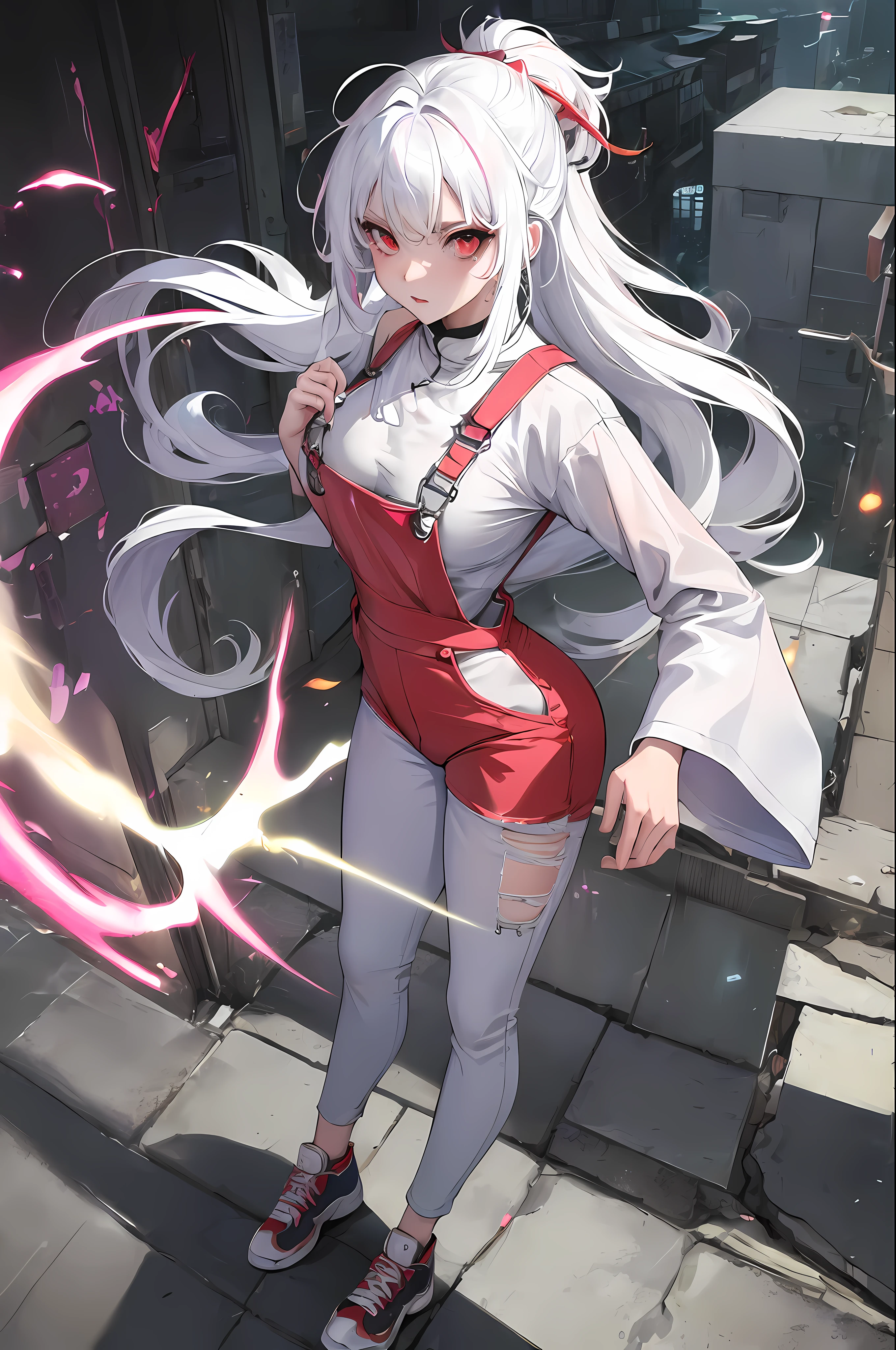 (((Masterpiece)))), high quality, HDR color fidelity, incredibly detailed scene, anime/cartoon style, Korean face, girl, white hair, red eyes, feminine, sexy expression, big chest,In a neon interdimensional portal sucking everything around, wearing Chinese tight overalls, in an epic setting that seems to be breaking into cracks in the ground.