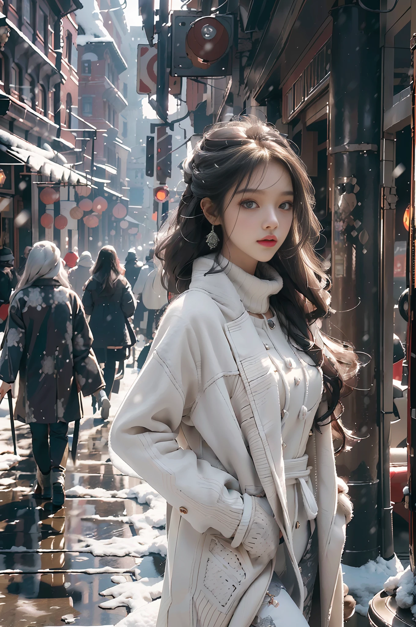 (Best Quality, Masterpiece, Ultra High Resolution), (Realistic: 1.4), 1 Girl, Adult Face, Slim, (Shiny Skin), (Silhouette, Front, Dusk), Gray Hair, Long Hair, Dark Eyes, (Room), Top Fashion, ((White Plush Coat)), (Snow: 1.5, Walking Street, Winter City),