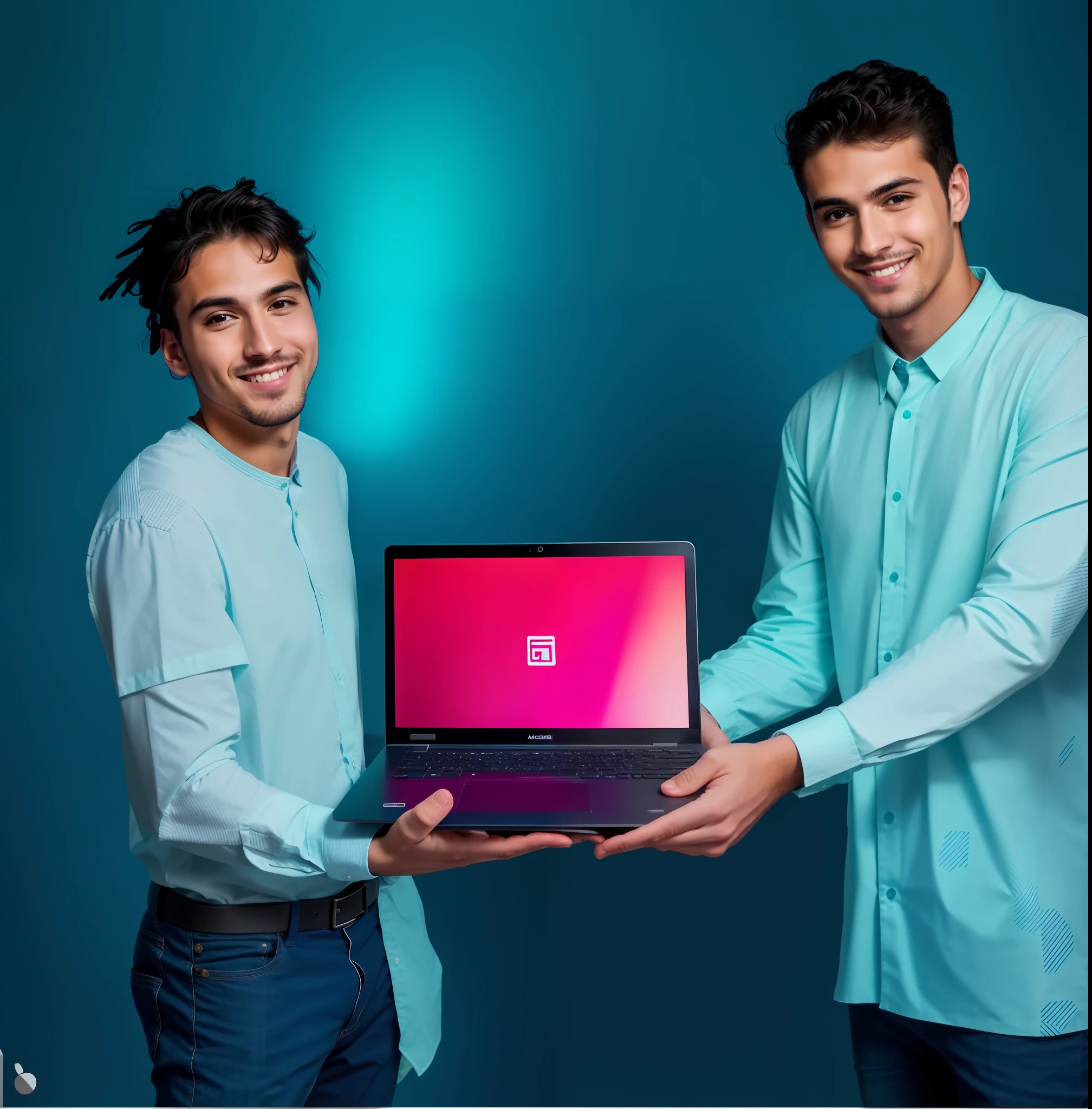 two men holding a laptop computer in their hands, two young men, laptops, advertising photo, high quality portrait, product introduction photo, by Romain brook, computers, professional product photo, commercial photo, avatar image, computer, holding glowing laptop computer, high quality product photo, promotional images, profile picture 1024px, promotional photoshoot