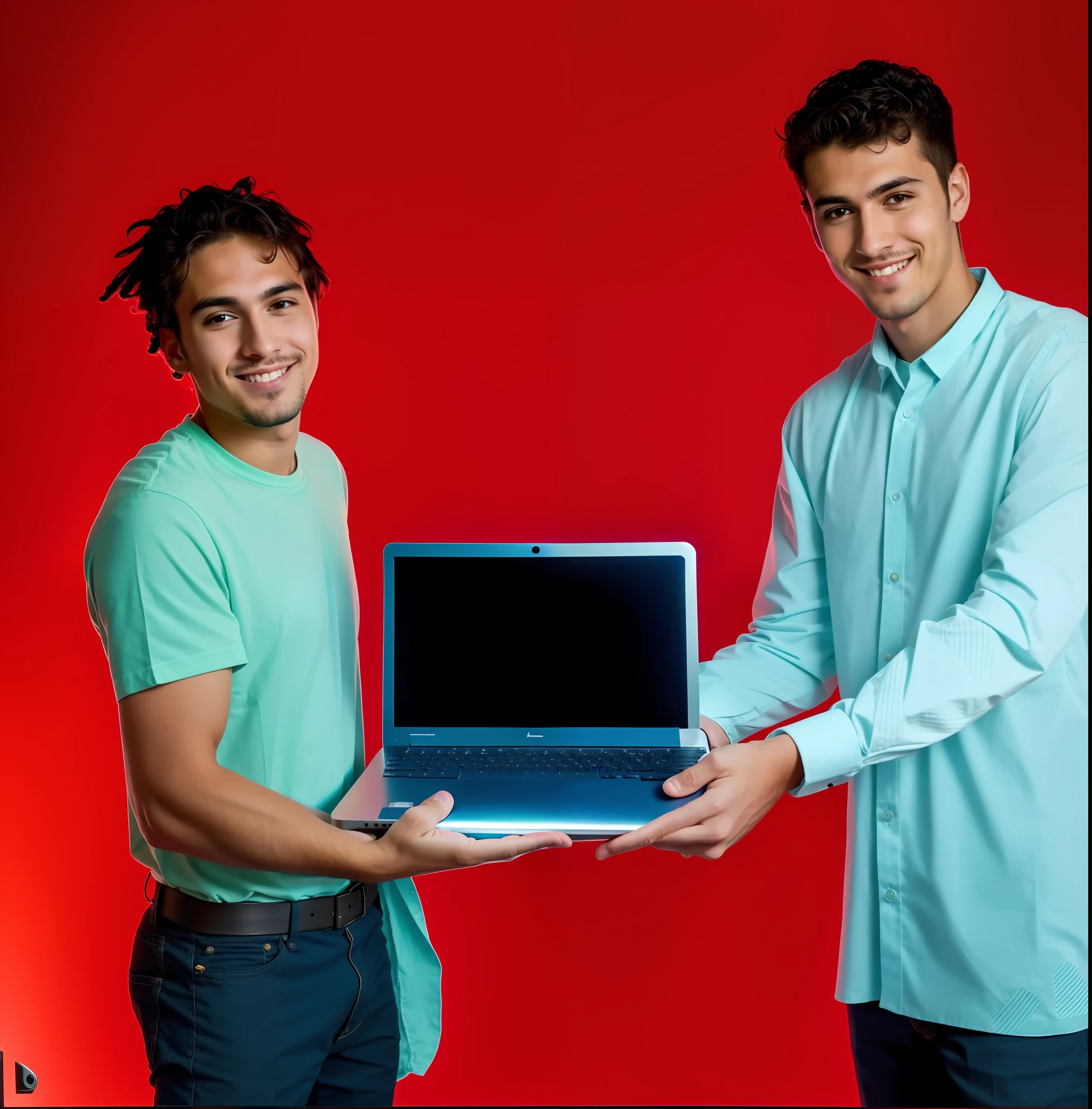 two men holding a laptop computer in their hands, two young men, laptops, advertising photo, high quality portrait, product introduction photo, by Romain brook, computers, professional product photo, commercial photo, avatar image, computer, holding glowing laptop computer, high quality product photo, promotional images, profile picture 1024px, promotional photoshoot