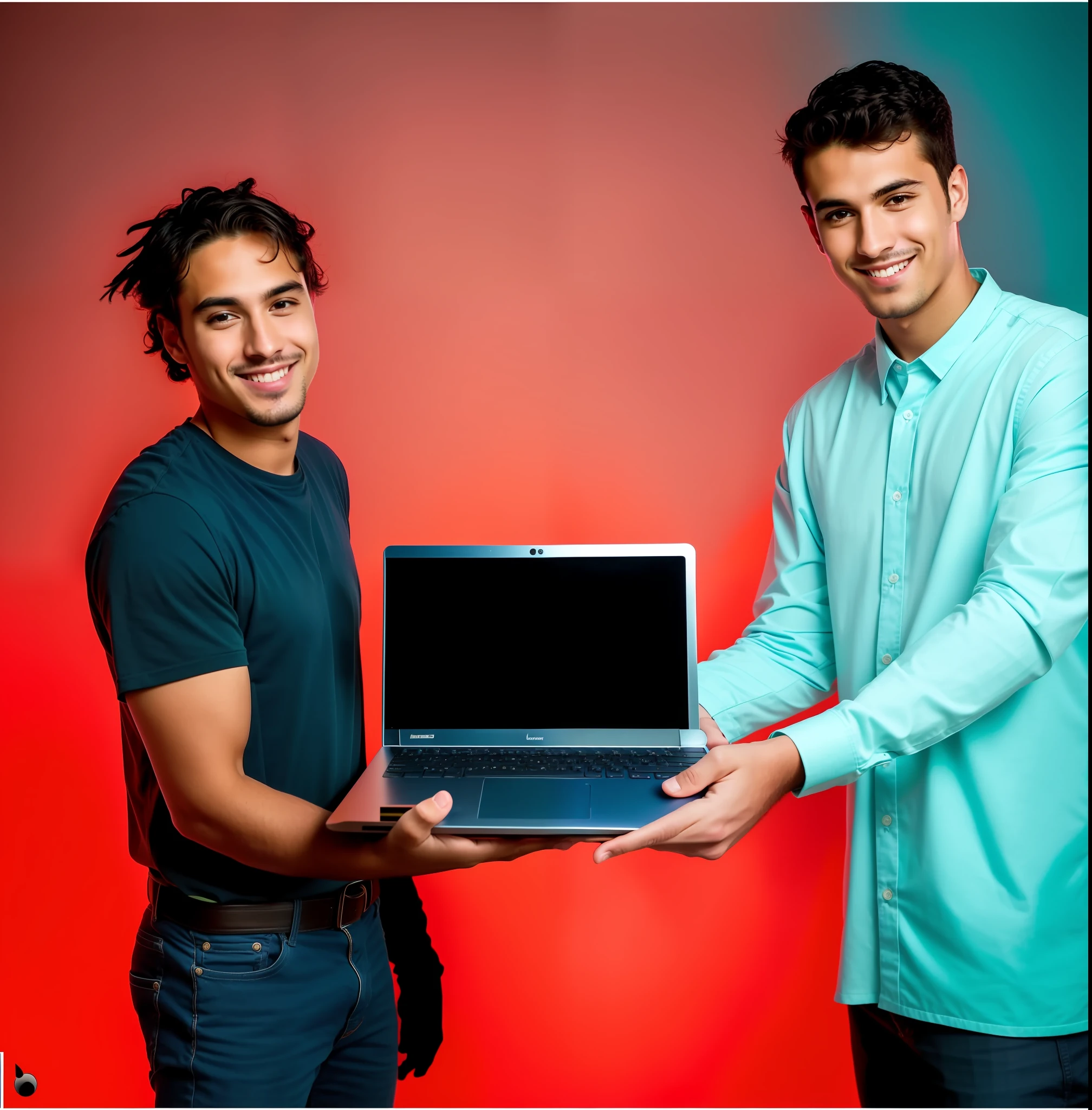 two men holding a laptop computer in their hands, two young men, laptops, advertising photo, high quality portrait, product introduction photo, by Romain brook, computers, professional product photo, commercial photo, avatar image, computer, holding glowing laptop computer, high quality product photo, promotional images, profile picture 1024px, promotional photoshoot