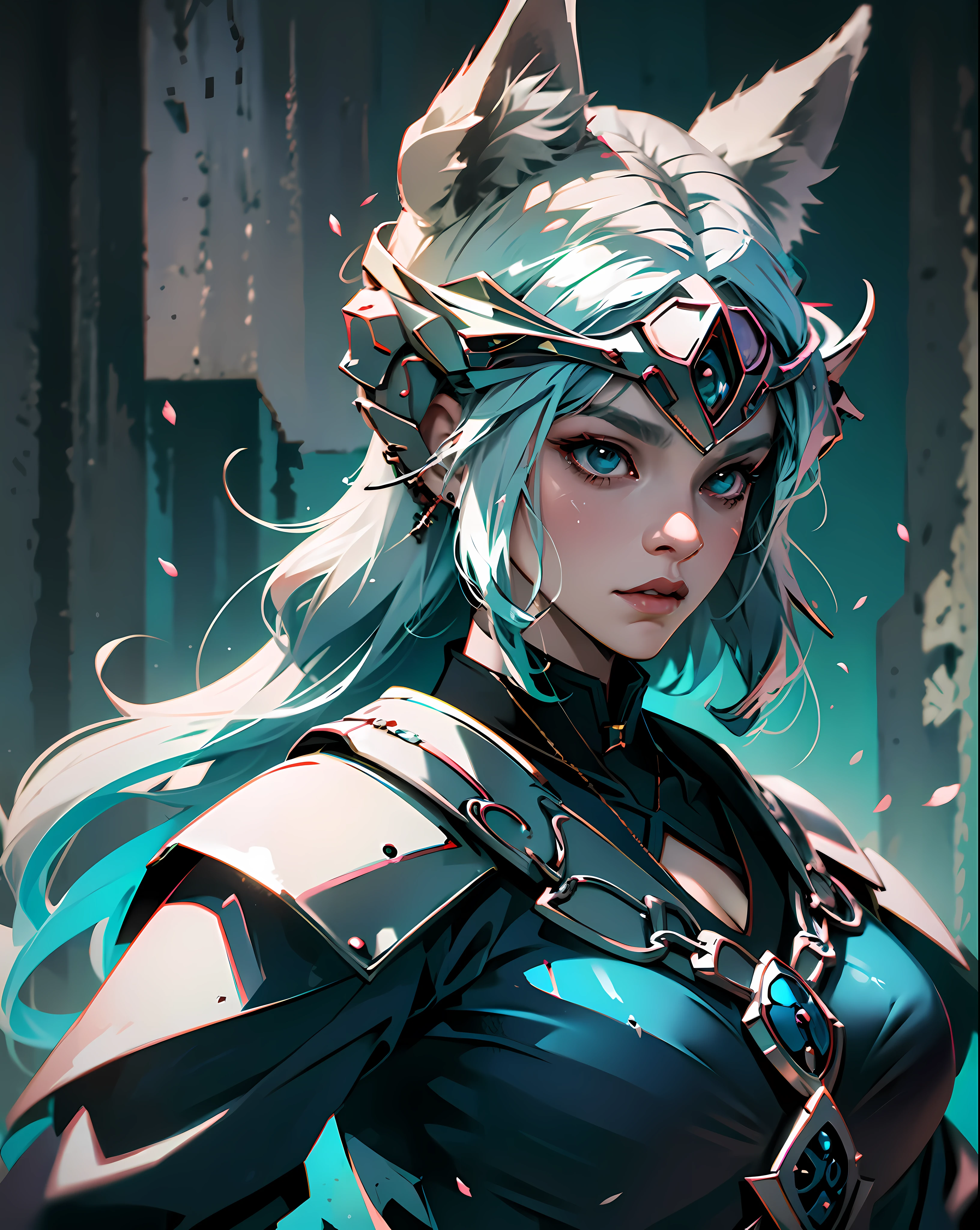 Woman, wolf ears, beautiful, wearing armor, with a bad face, with a fox tail,garota de anime,ultra, realístico 4k, --auto --s2