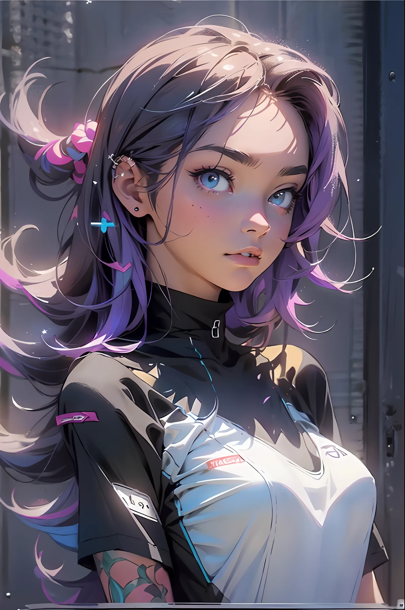 melancholy lighting, quiet, calm, brightness, masterpiece, best quality, 1girl, (JinxLol:1.2), (ultra photorealistic:1.3), (masterpiece:1.4), best quality, ((realistic)), high quality, ultra detailed, ((real image)), ((realistic skin)), ((realistic face)),(illustration:1.05), (beautiful:1.05), (beautiful detailed eyes:1.05), (cinematic light:1.1), purple and pink in the detacks, perfect whole body, slender silhouette, thin, small breasts, black and blue clothing, White Tennis