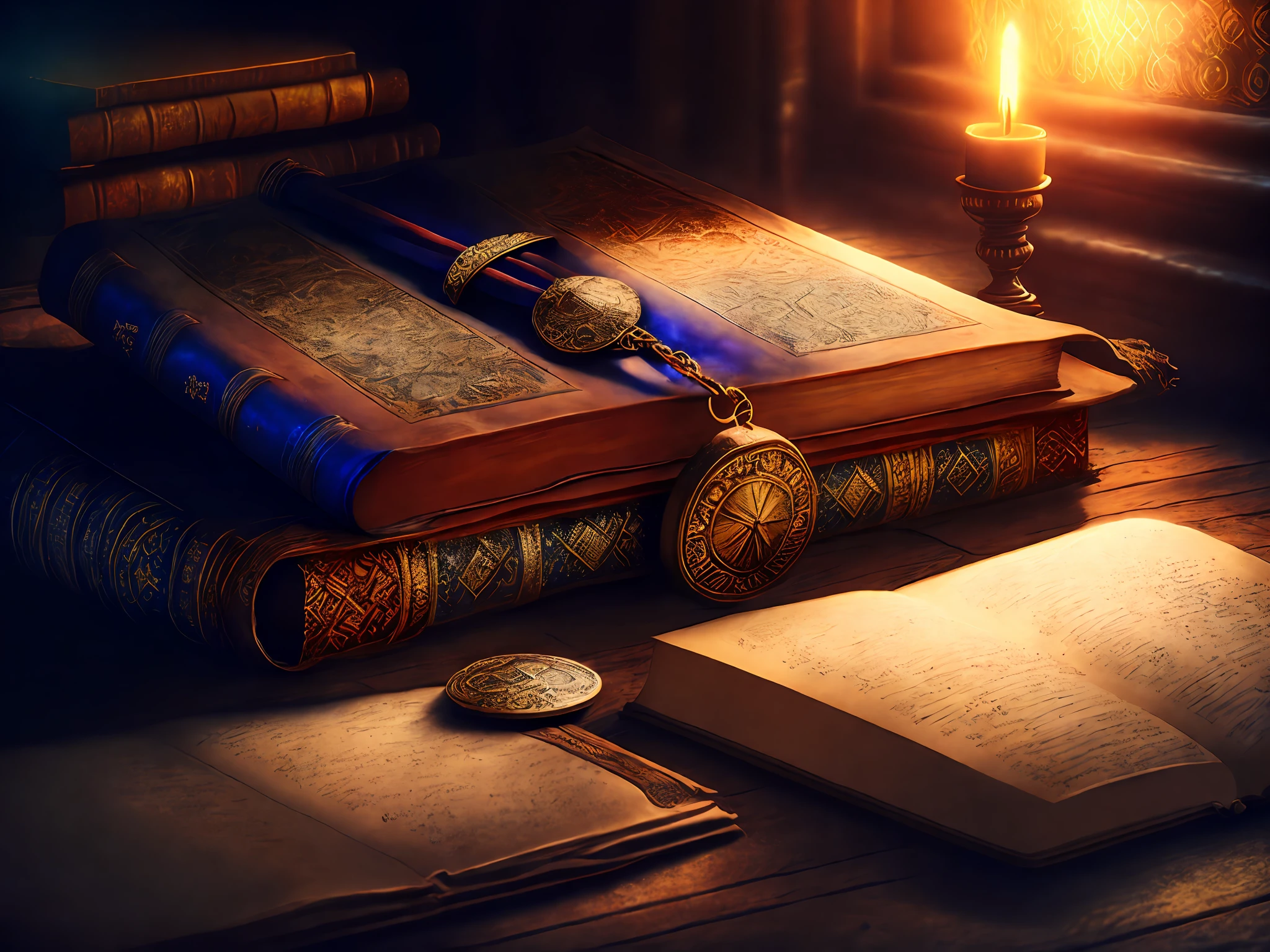 Ancient Bible scrolls and books in the medieval library Muslim rosary compass Magic hour, professional photography, octane rendering, hyper realistic - amazing sunlight, dynamic composition, photography, sharp focus, Bokeh