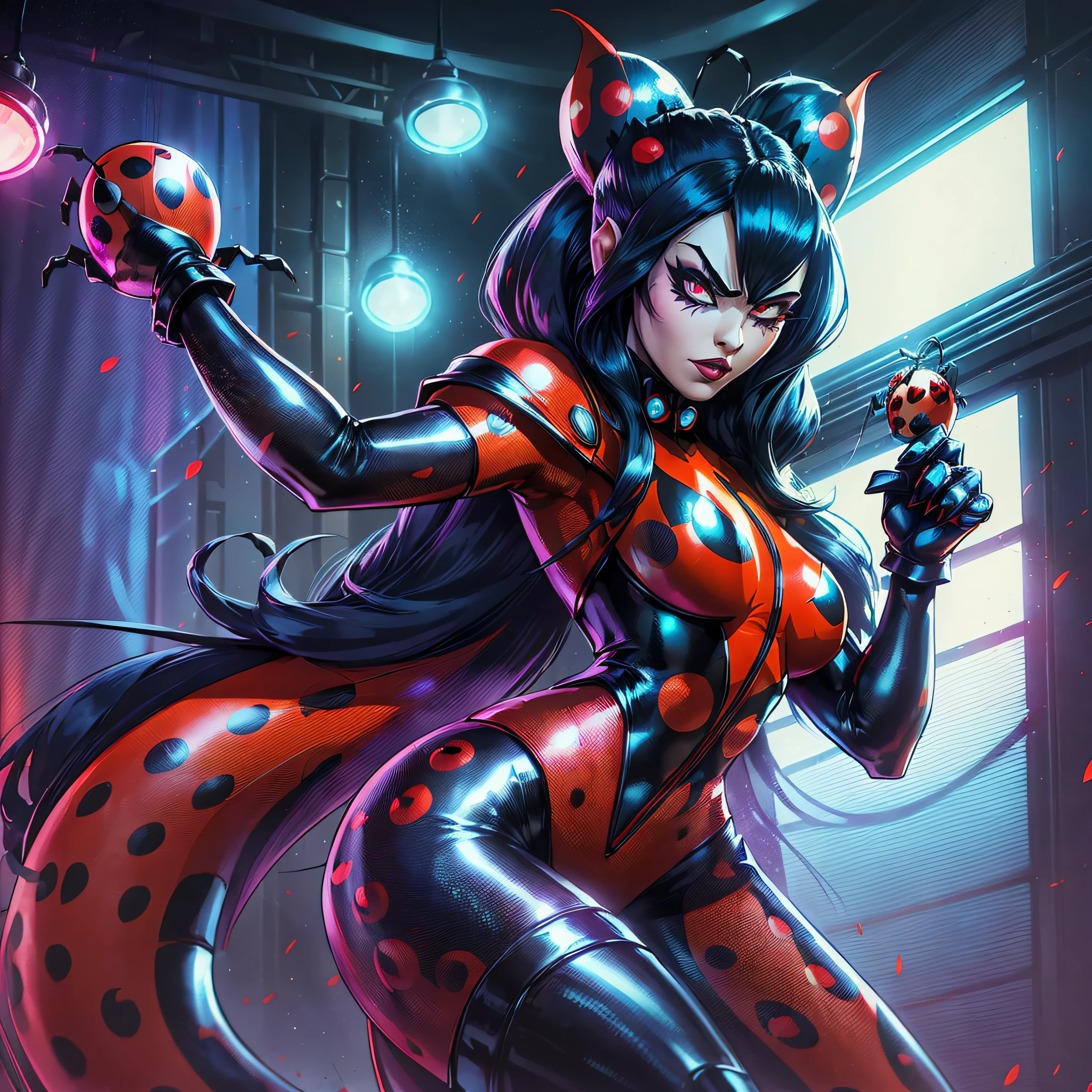 a villain,(( covered by a bright red suit with black stretch ladybug style details)), stretch black gloves, ((strong blue long hair tied in a high tail)), "K/DA (League of Legends)" style, lots of brightness, well-crafted shadows, stage lighting, 4K, UHD --auto --s2