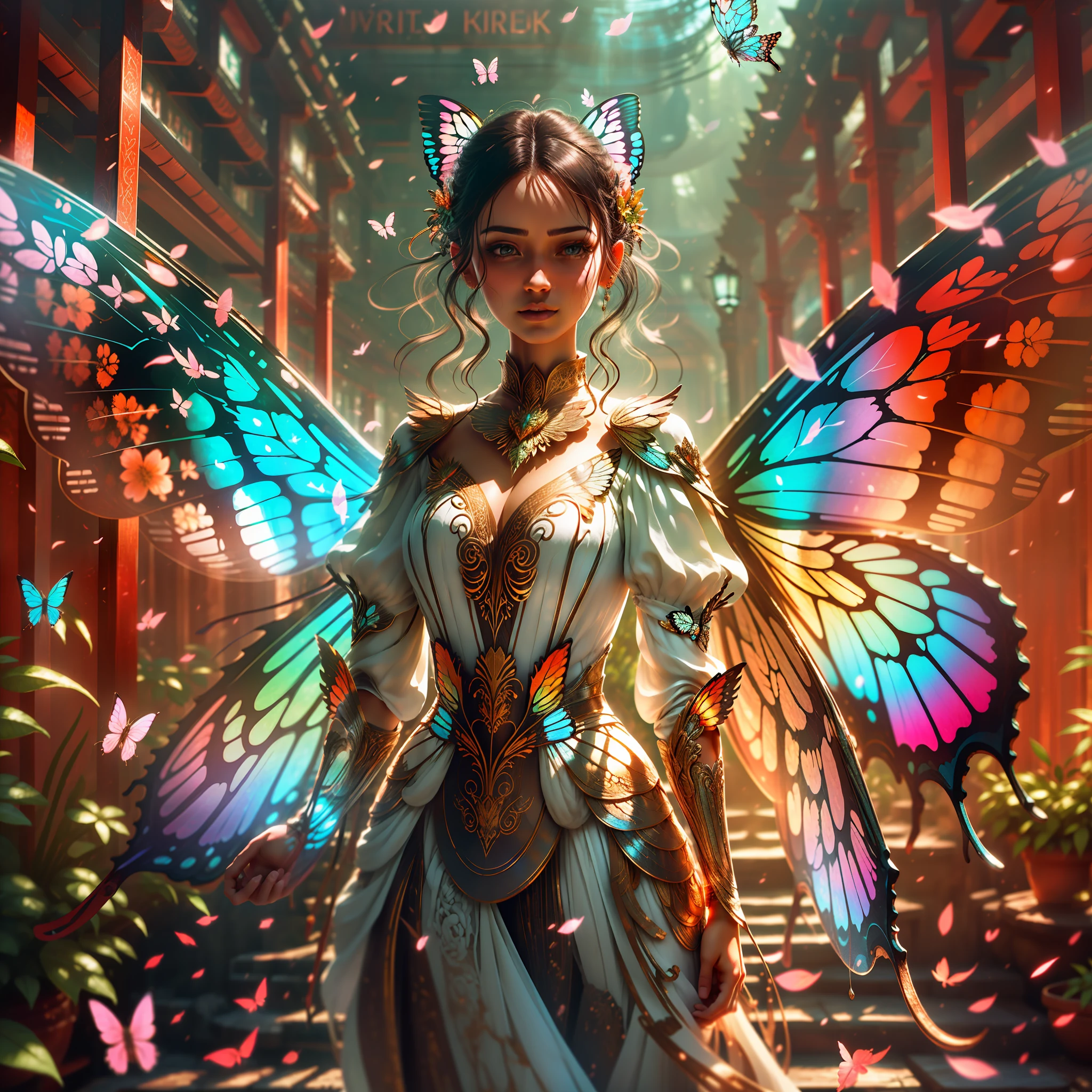 Create an engaging scene in a serene garden as a background, with rich textures. In the center of the image, a woman with delicate features, appearing fragile, is standing facing the observer, her gaze facing upwards. Its back is adorned by butterfly wings that bloom gracefully. The image resolution is 8K, providing a sharp view rich in detail. The carefully represented textures enhance the visual experience, enriching the scene. Sunlight bathes the environment, creating a bright and inspiring context. The image captures the moment when the woman embraces her transformation and finds freedom through butterfly wings. (( Make look up ))