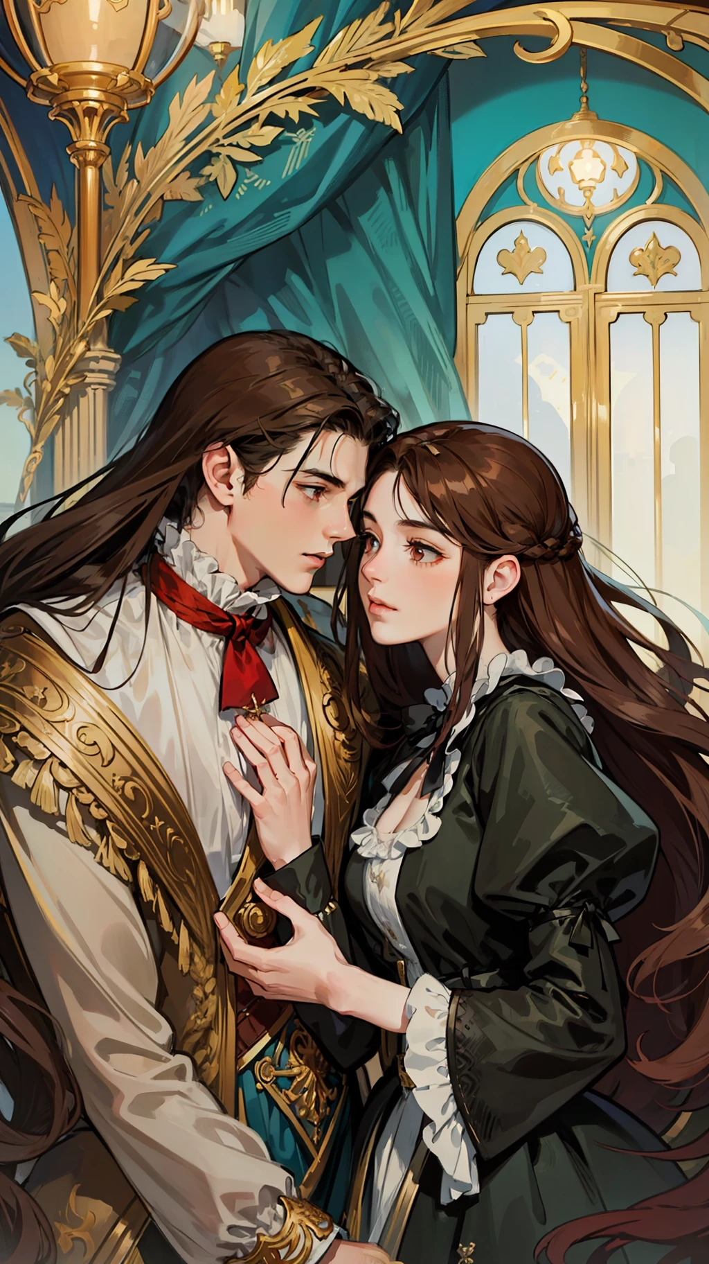 ((masterpieces)), best quality, outstanding illustration, a couple kissing, soft focus, 1 boy with long black hair, RED EYES, 1 girl with long brown hair, BROWN EYES, Victorian clothes, Victorian romanticism, opulent and exquisite atmosphere, soft light and warm lighting.