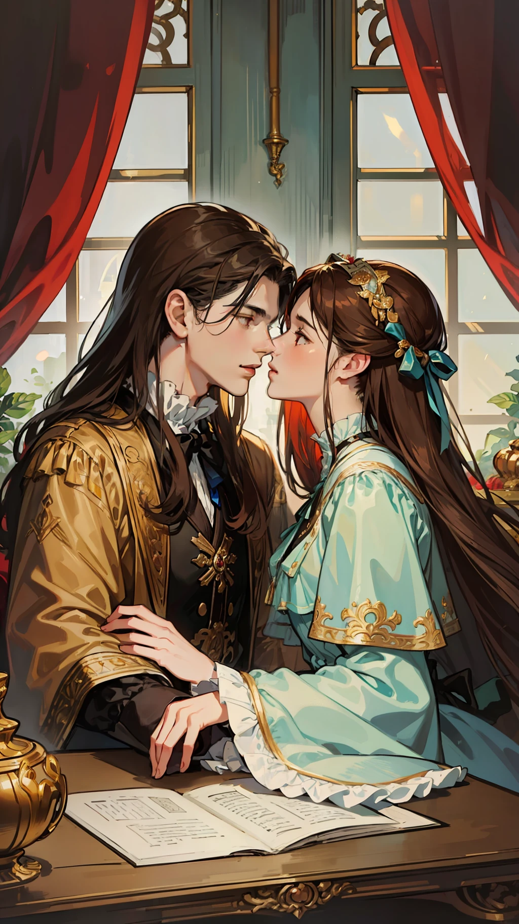 ((masterpieces)), best quality, outstanding illustration, a couple kissing, soft focus, 1 boy with long black hair, RED EYES, 1 girl with long brown hair, BROWN EYES, Victorian clothes, Victorian romanticism, opulent and exquisite atmosphere, soft light and warm lighting.