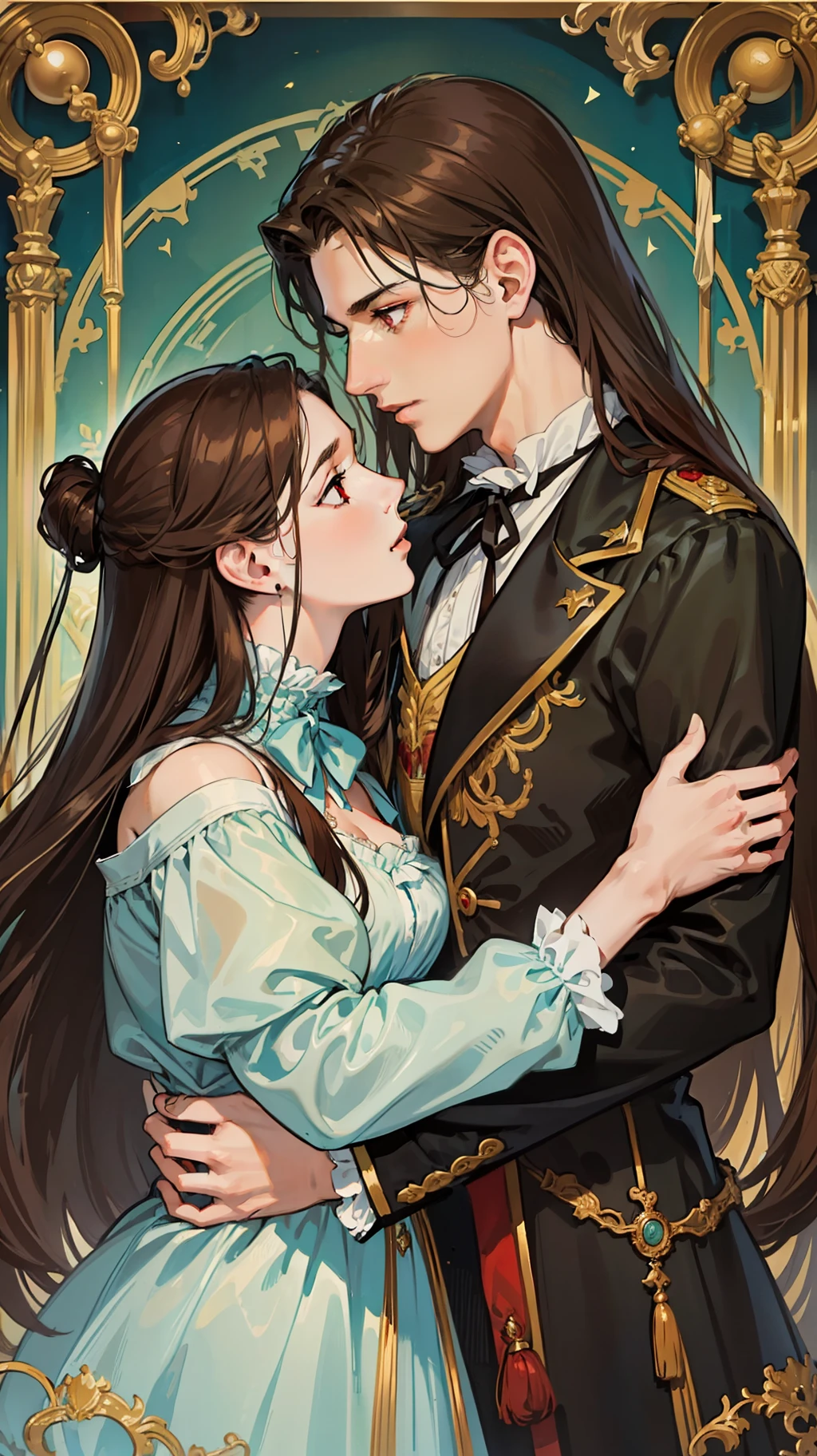 ((masterpieces)), best quality, outstanding illustration, a couple kissing, soft focus, 1 boy with long black hair, RED EYES, 1 girl with long brown hair, BROWN EYES, Victorian clothes, Victorian romanticism, opulent and exquisite atmosphere, soft light and warm lighting.