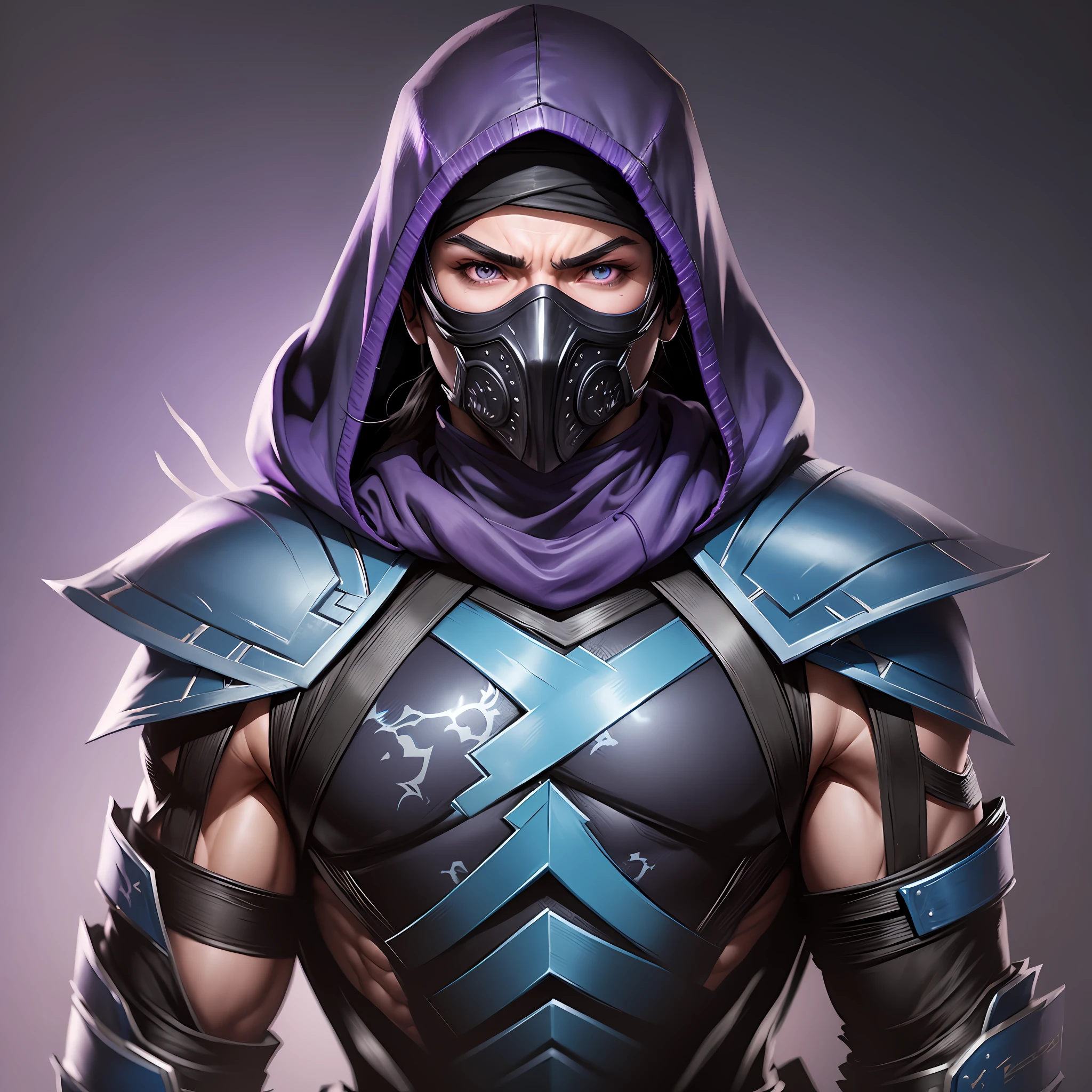 Ninja style sub zero Mortal Kombat X, black uniform, purple eyes, mask covering mouth, hood covering hair, detailed, 4k --auto --s2